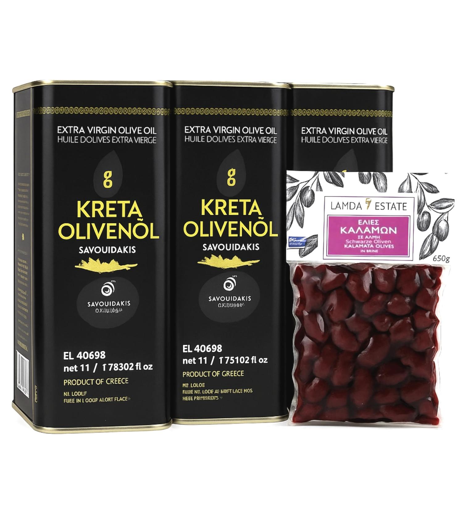 Golden Kreta Olive Oil 3L 3 x 1L cans + 1 Lamda Estate Kalamata Vacuum-Packed Olives 250g - Buy Online on GoSupps.com