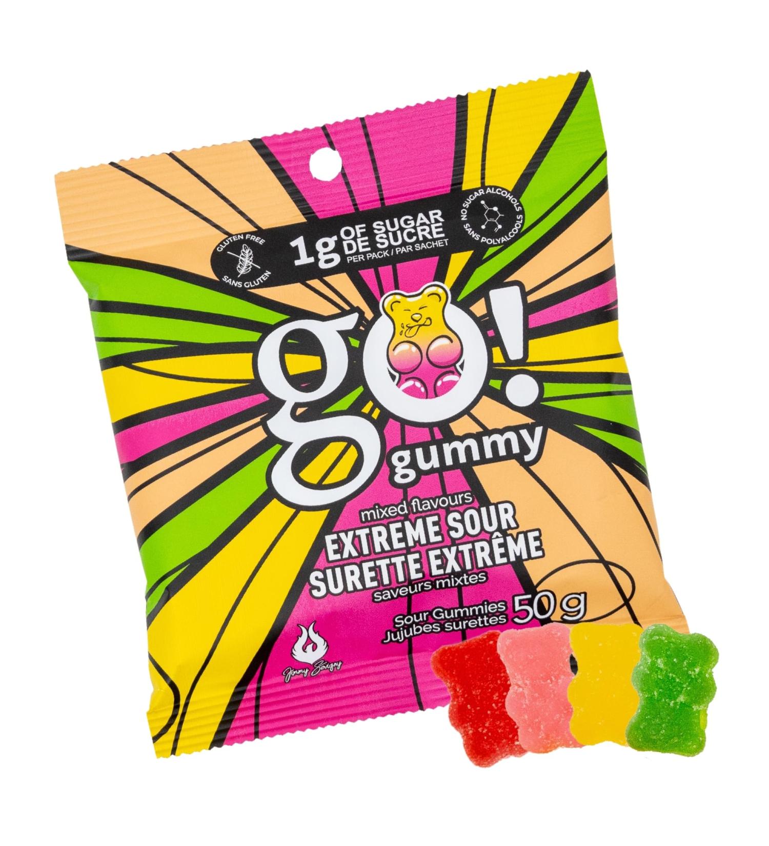 Jimmy Sevigny GoGummy Extreme Sour Mixed Flavours Low Sugar (1g) Gummy Bears | High Fiber No Sugar Alcohols Gluten Free | Pack of 12 x 50g Bags - Buy Online on GoSupps.com