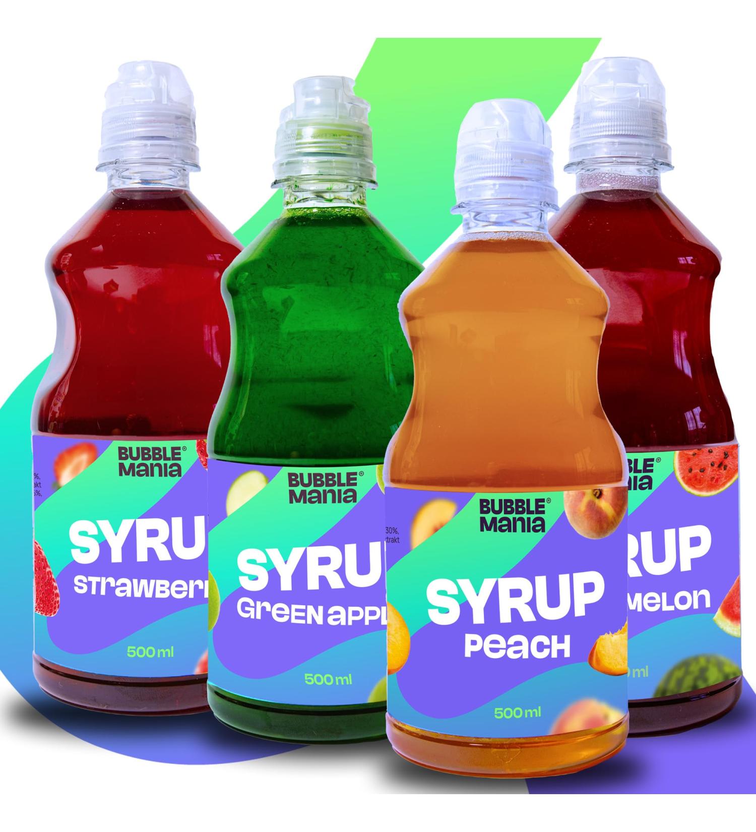Bubble Mania Fruit Bubble Tea Syrup 4-Pack - Strawberry Green Apple Peach Watermelon | Perfect for Cocktails Ice Cream & Cakes | 500 ml Each - Buy Online on GoSupps.com