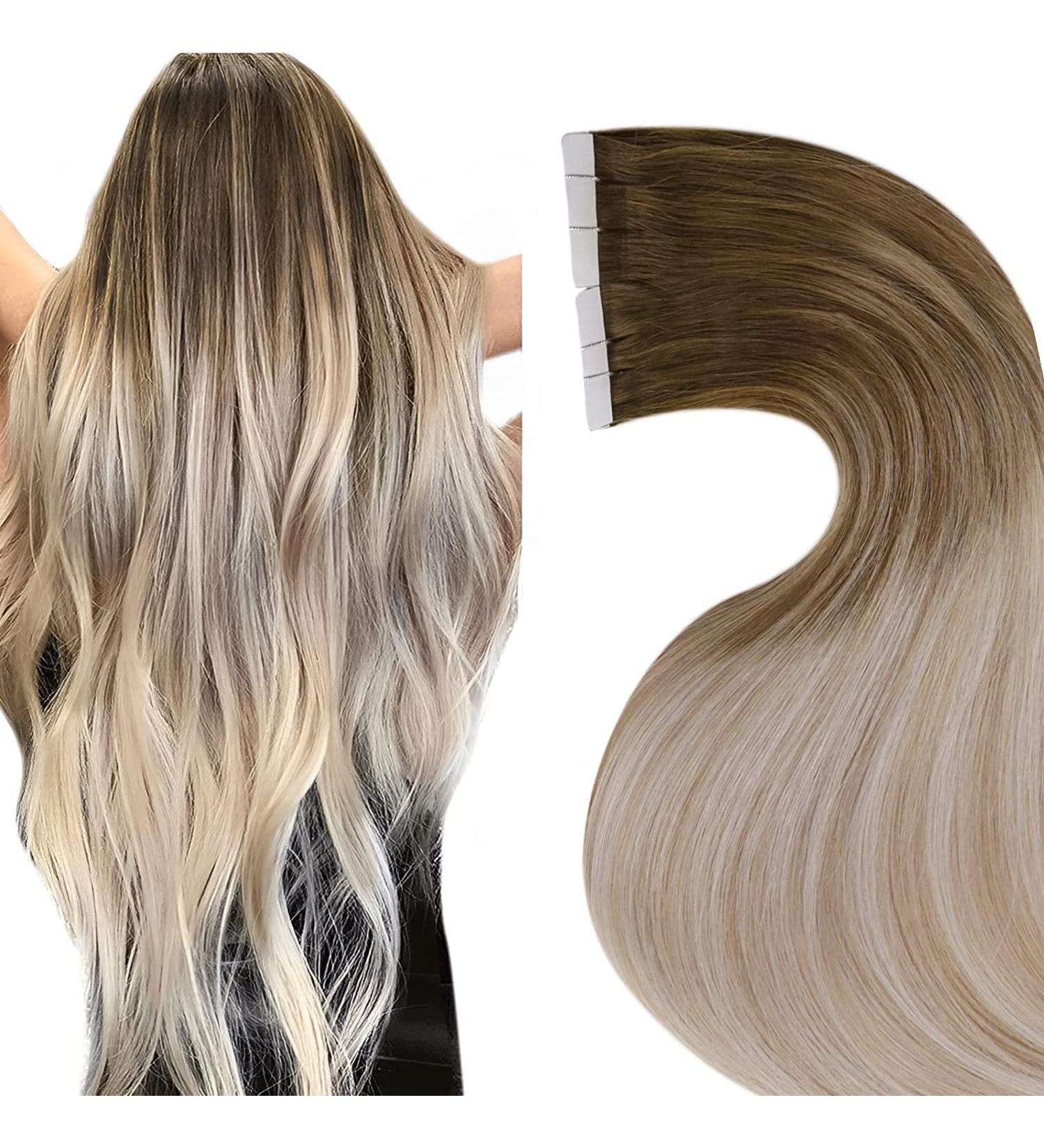 LAAVOO Balayage Tape in Hair Extensions 18 inch Light Brown to Ash Blonde Mix Platinum Blonde 20pcs 50g Salon Quality Real Human Hair - 18'' Tape-8/18/60 - Buy Online on GoSupps.com