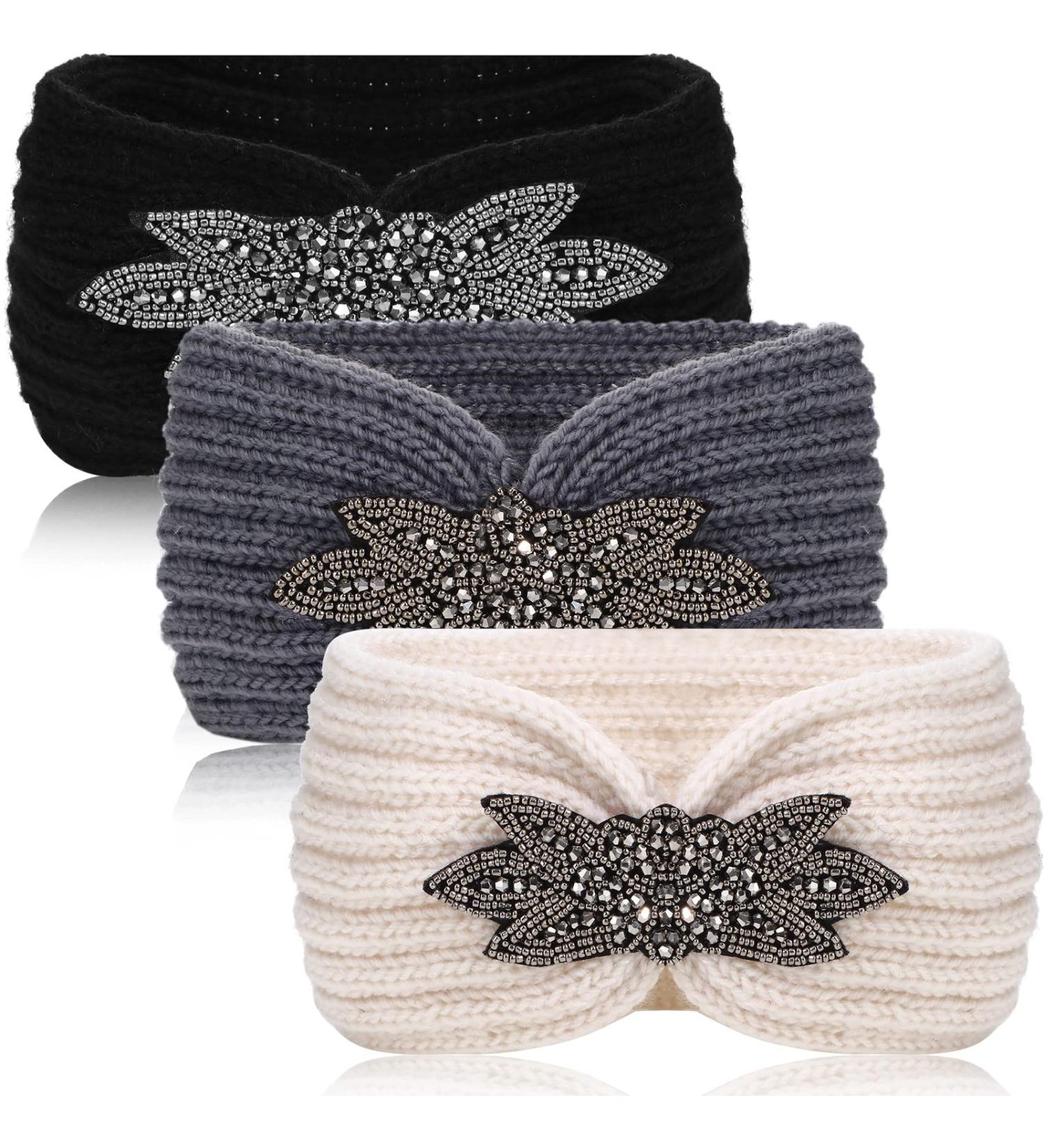 Winter Knitted Headband Ear Warmers for Women 3 Pieces Chunky Sequin Flower Knit Headband Warm Crocheted Hairband Head Wrap Earmuff - Buy Online on GoSupps.com