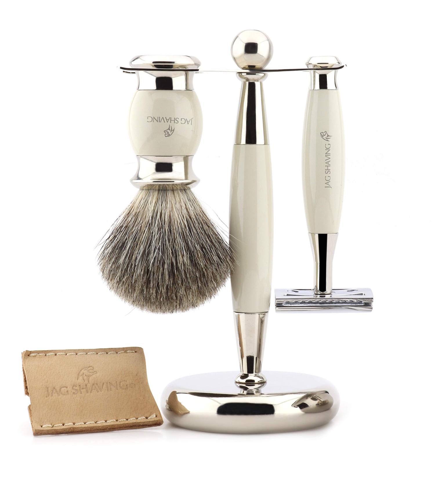 Jag Shaving ivory-colored men's rasier set double-edged with leather case super-roof hair brush and stand perfect set for men