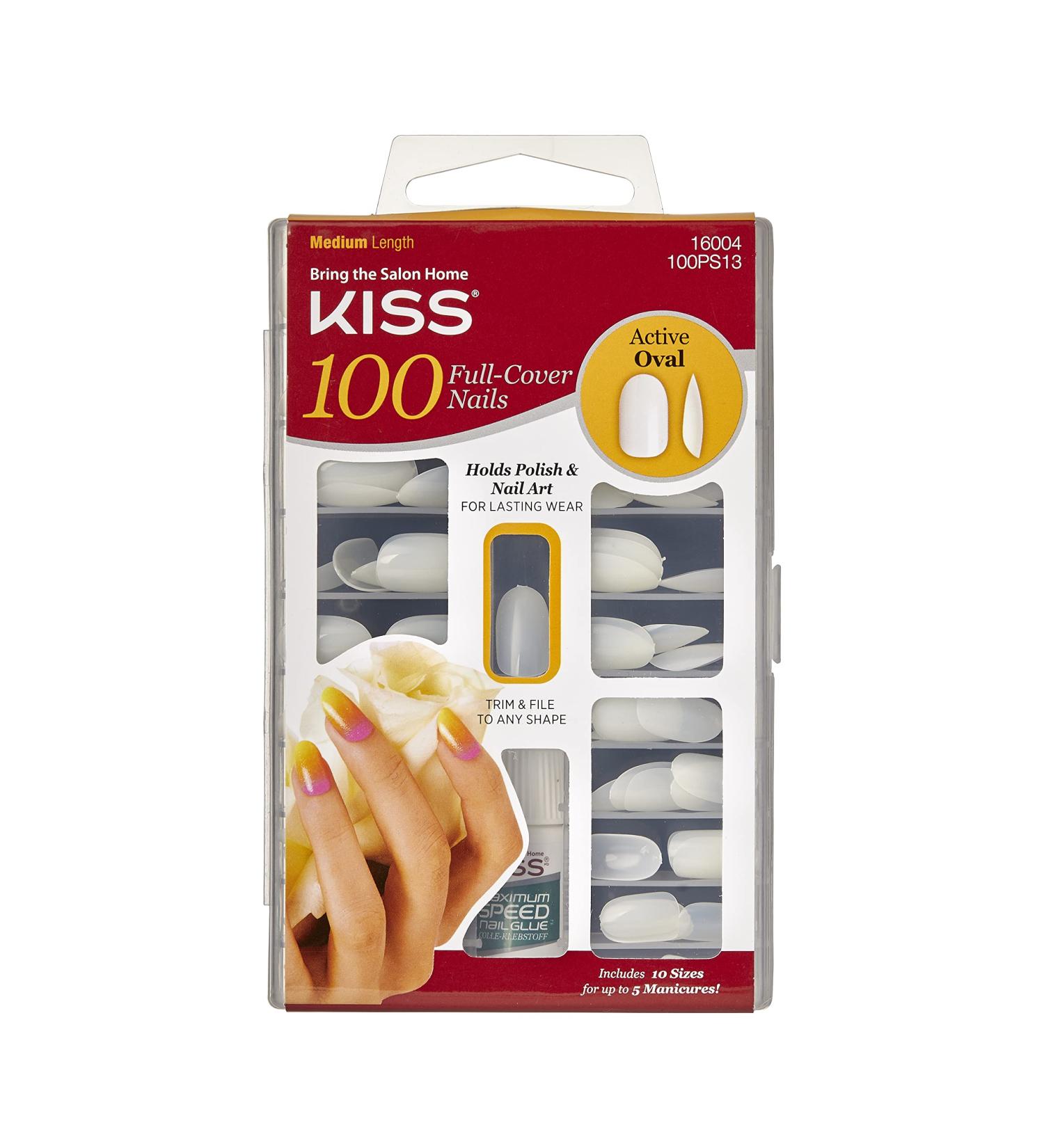 KISS 100 Full Cover Fake Nails Manicure Kit - 10 Sizes, 5 Manicures, Medium Length Active Oval, 101 Piece Set - Buy Online on GoSupps.com