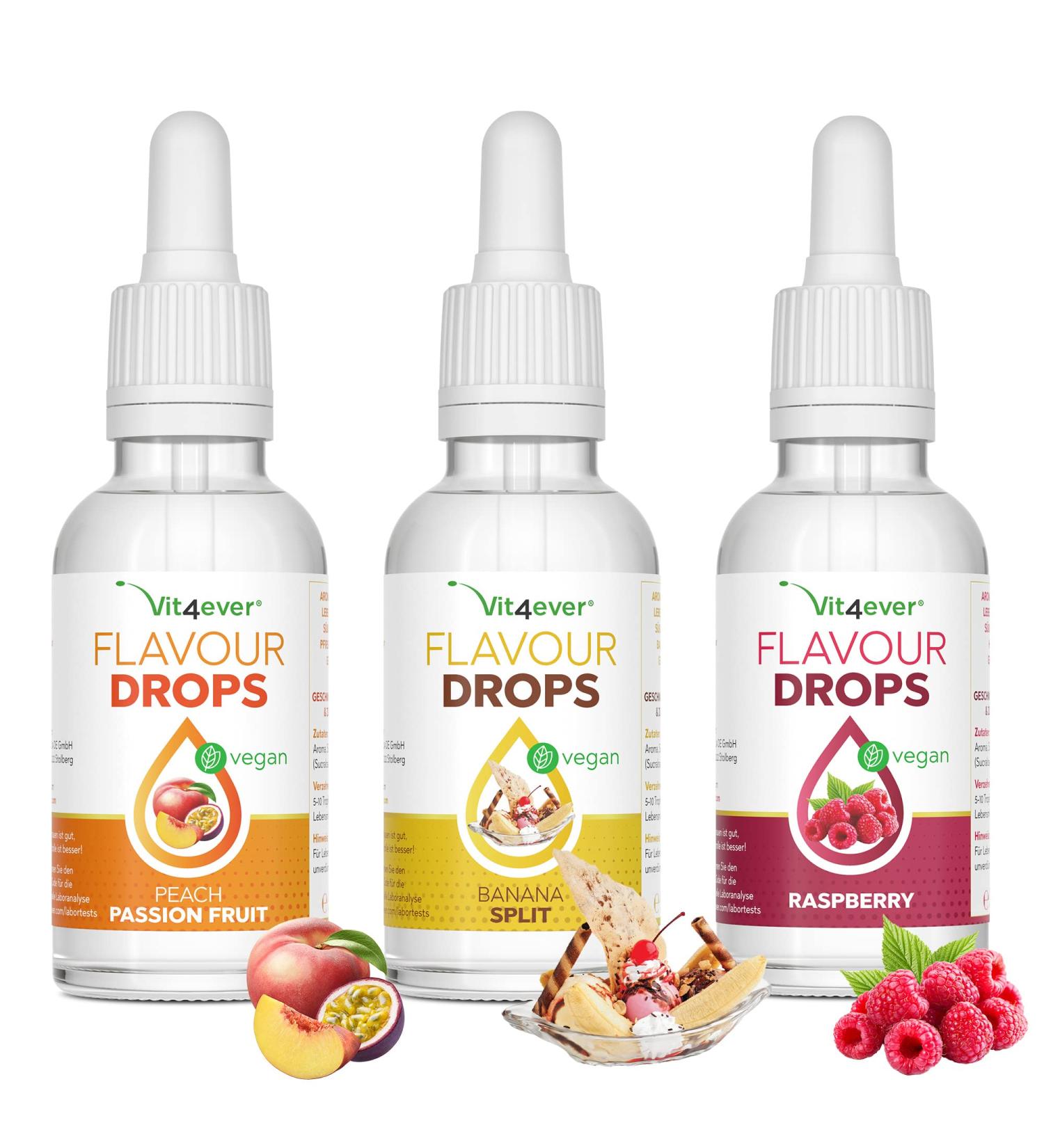 Flavor Drops 3x50ml Bundle - Low-Calorie Fruit Mix (Peach Raspberry Banana Split) for Delicious Taste - Shop Internationally - Buy Online on GoSupps.com