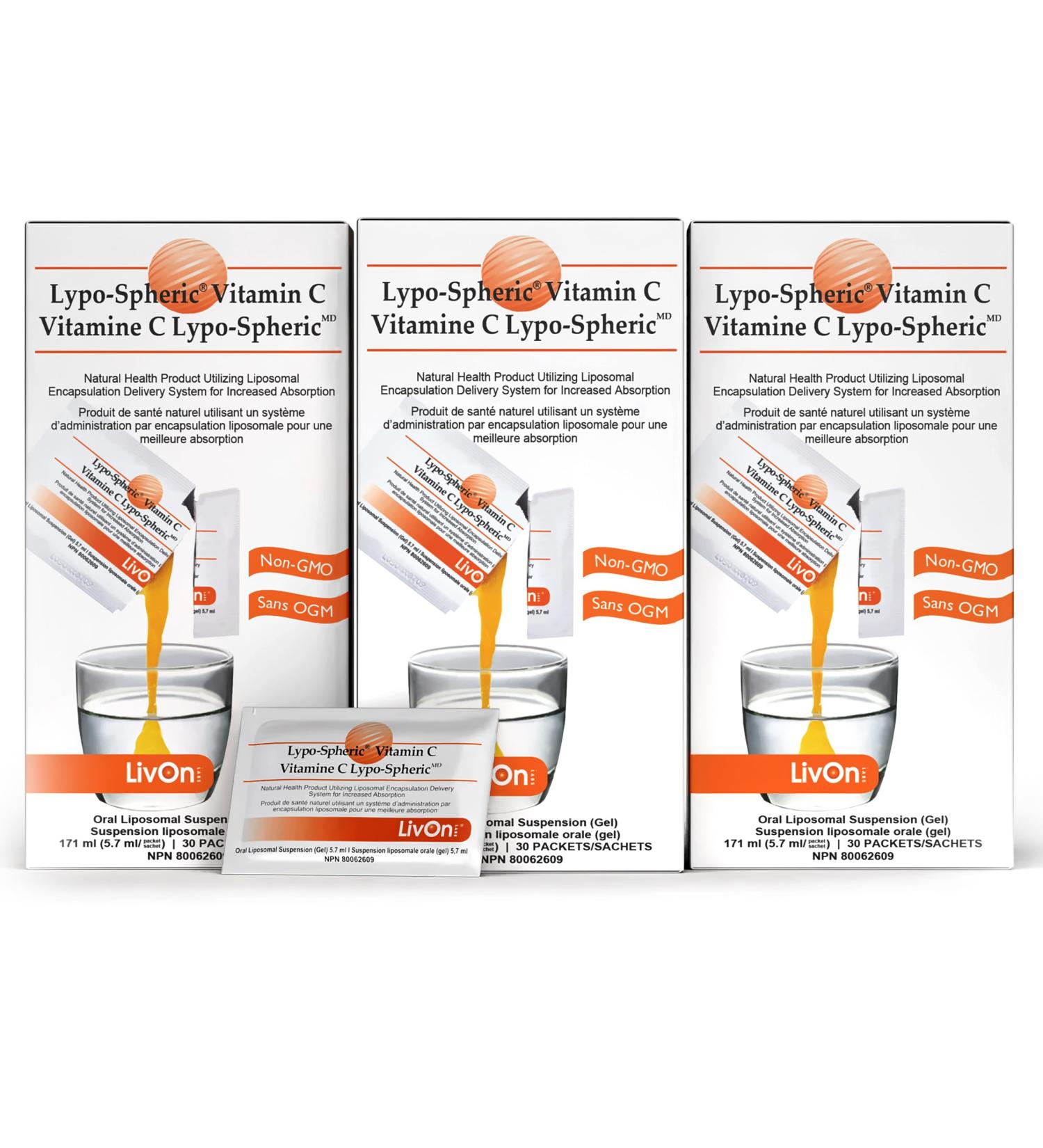 Lypo Spheric Vitamin C 3 Cartons (90 Packets) 1 000 mg Vitamin C & 1 000 mg Essential Phospholipids Per Packet Liposome Encapsulated for Improved Absorption 100% Non GMO 30 count (Pack of 3) - Buy Online on GoSupps.com