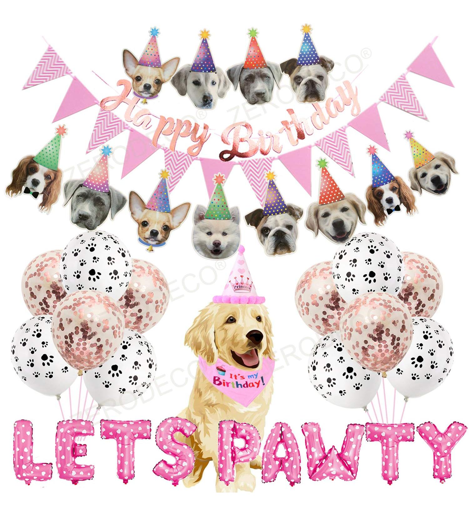 ZERODECO Dog Birthday Party Decoration Pink Lets Pawty Balloon Dog Birthday Bandana Scarfs with Cute Birthday Party Hat Dog Banner for Girl Pet Dog Doggie Party Supplies Decorations - Buy Online on GoSupps.com
