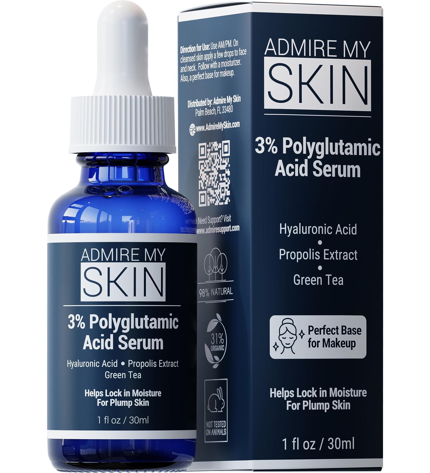 Admire My Skin Organic Polyglutamic Acid Serum - Hydrating Anti-Aging Formula with Hyaluronic Acid & Propolis | 1oz - Shop Internationally - Buy Online on GoSupps.com