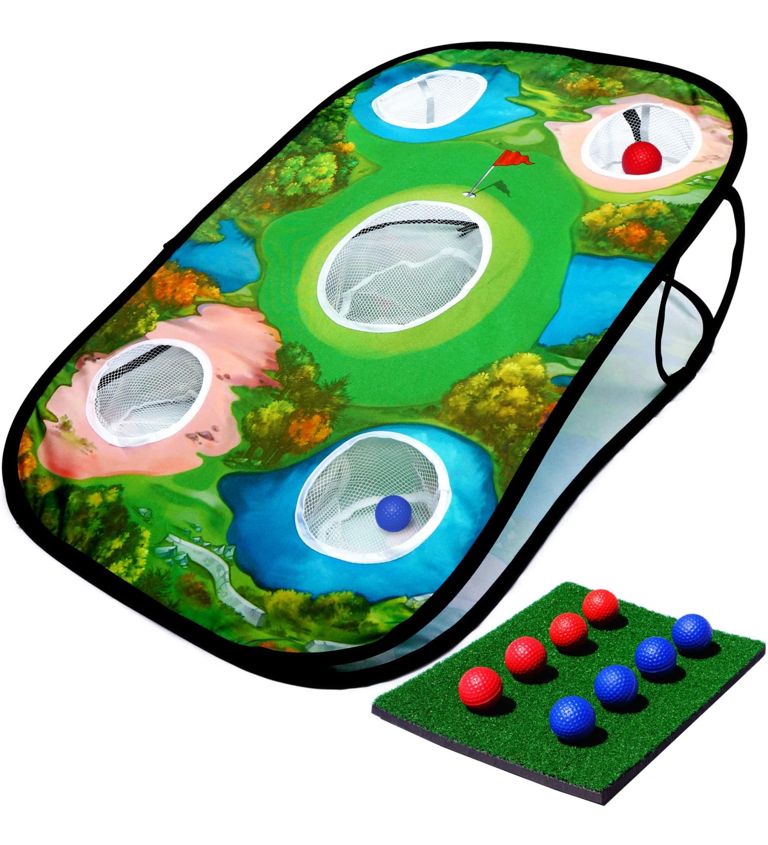 Double Sided Golf Chipping Cornhole Game | Pop Up Target & Chipping Mat Set with 8 Soft Balls - Indoor & Outdoor Practice - Buy Online on GoSupps.com
