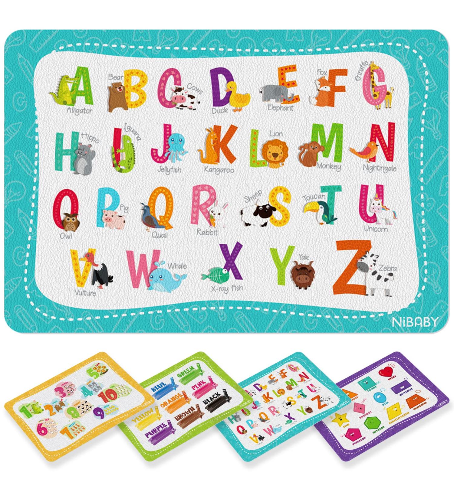 NiBaby Kids' Non Slip Educational Placemats Set of 4 - Interactive & Washable | Learn Alphabet, Numbers, Shapes & Colors | Durable PU Leather - Buy Online on GoSupps.com