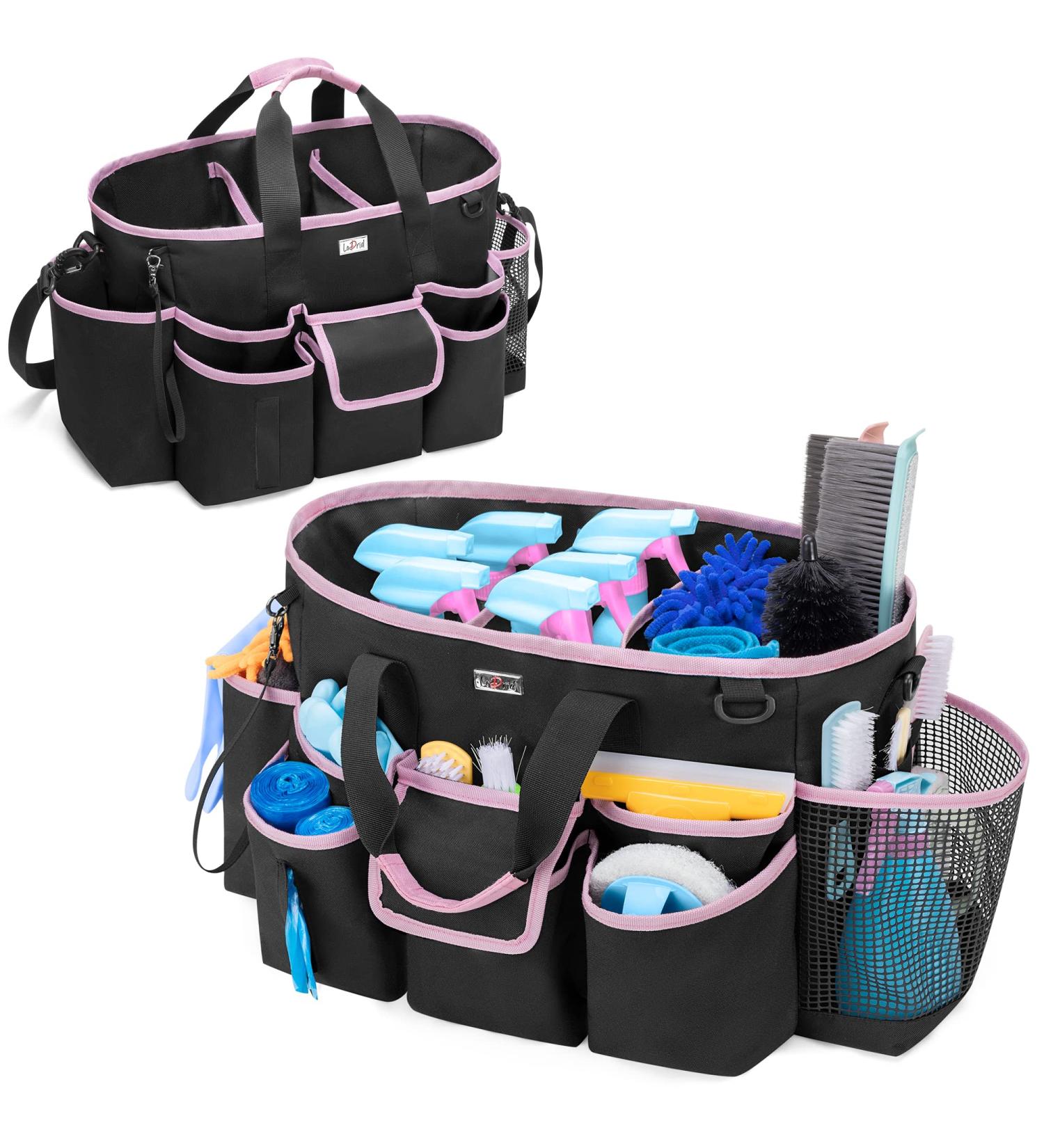 LoDird Cleaning Caddy Bag - 3 Compartment Organizer with Multifunctional Pockets - Handle and Shoulder Strap - Black/Pink - Buy Online on GoSupps.com