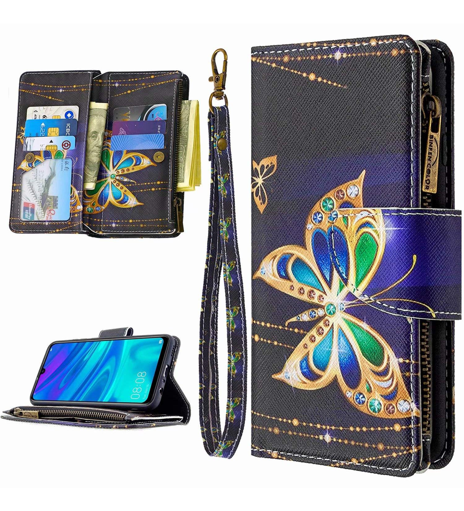 Miagon 9 Card Slots Leather Case for Huawei Y5 2019 - Colorful Zipper Flip Wallet PU Leather Protective Cover with Diamond Butterfly Design - Buy Online on GoSupps.com