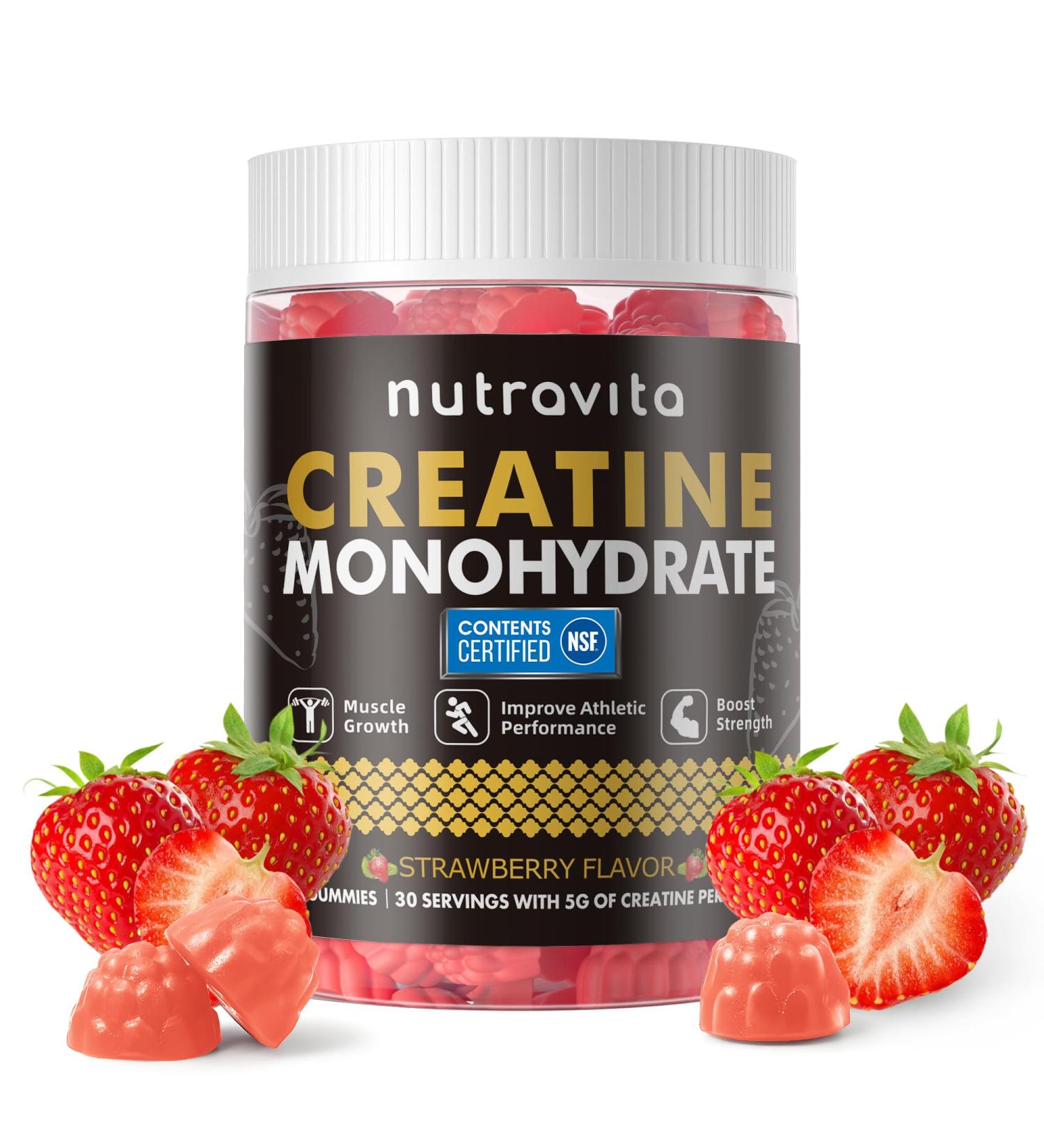 Nutravita NSF Certified Creatine Gummy - Creatine Monohydrate Gummies for Men & Women-5g of Creatine Monohydrate per Serving - Sugar Free Vegan Strawberry Flavor 120 Count Strawberry 120 Count (Pack of 1) - Buy Online on GoSupps.com