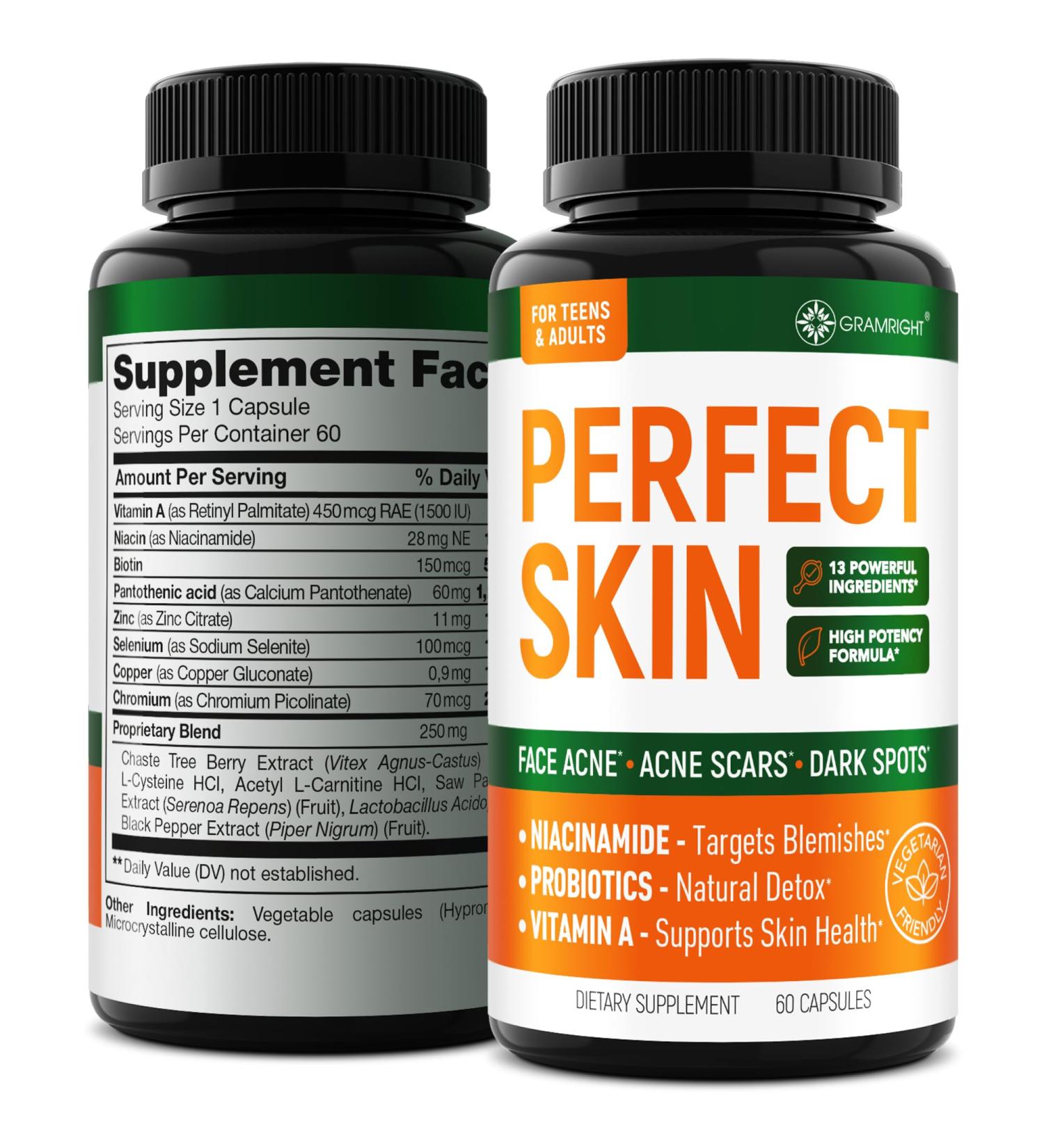 Perfect Skin Acne Pills - Clear Skin Supplement with Niacinamide Probiotic Zinc & Vitamin A - Anti Acne Vitamins for Teens Men & Women - Support for Face & Back Acne Acne Scars - 60 Capsules - Buy Online on GoSupps.com