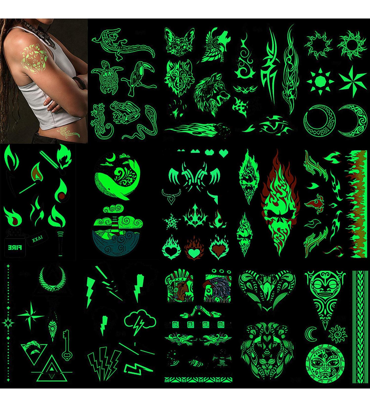 Glow in Dark Temporary Tattoos - Moon Sun Wolf Lion Designs (14 Sheets) - Buy Online on GoSupps.com