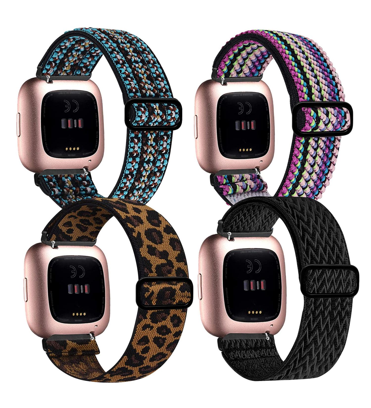 BOTNUW 4 Pack Elastic Bands for Fitbit Versa Smart Watch - Adjustable Nylon Straps for Women Men - Boho Green, Colorful, Leopard Prints - Buy Online on GoSupps.com