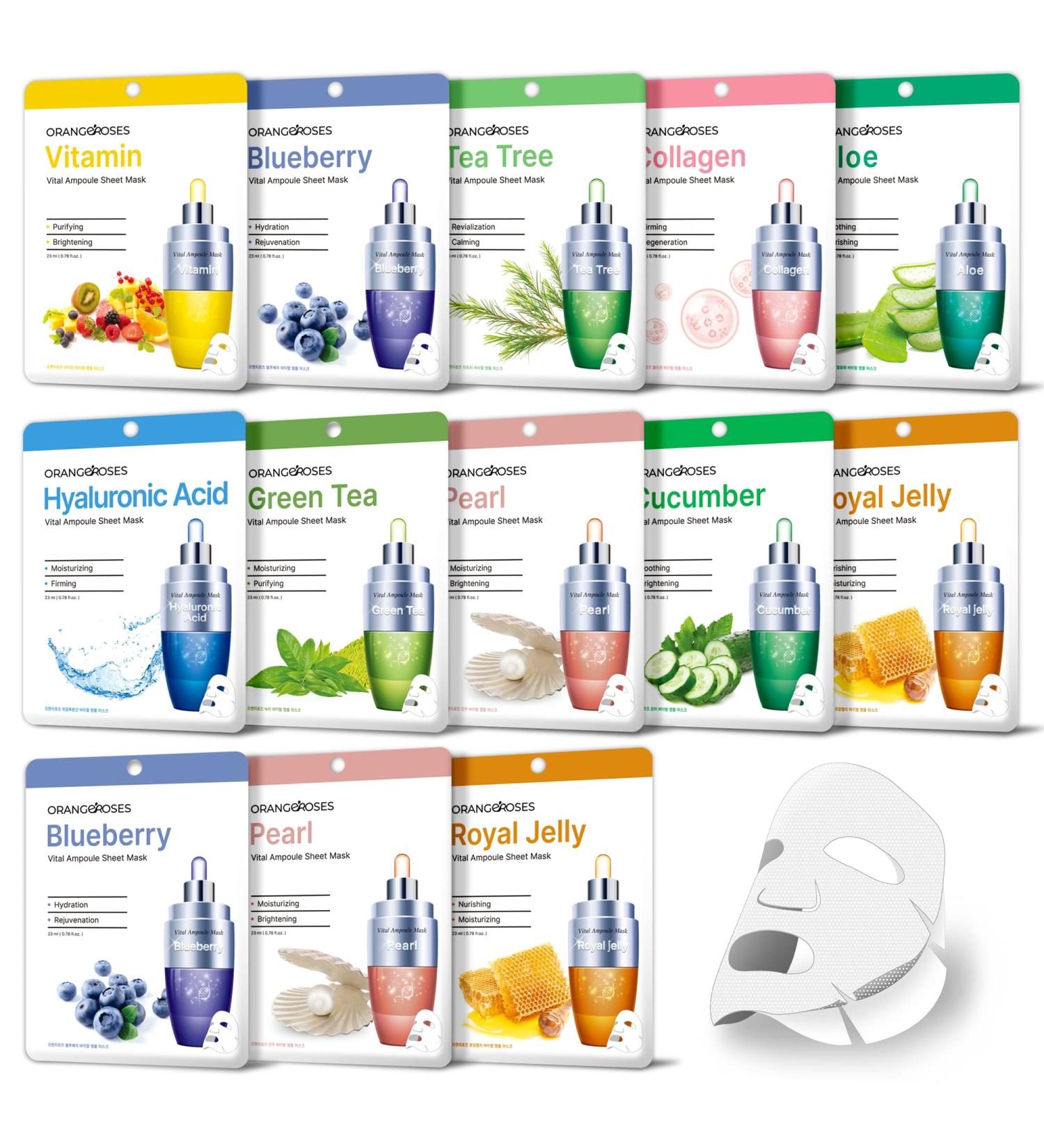 Orangeroses 13 Pcs Combo Vital Ampoule Sheet Mask - Korean Facial Skincare for Moisturization, Wrinkle Care, and Brightening - Buy Online on GoSupps.com