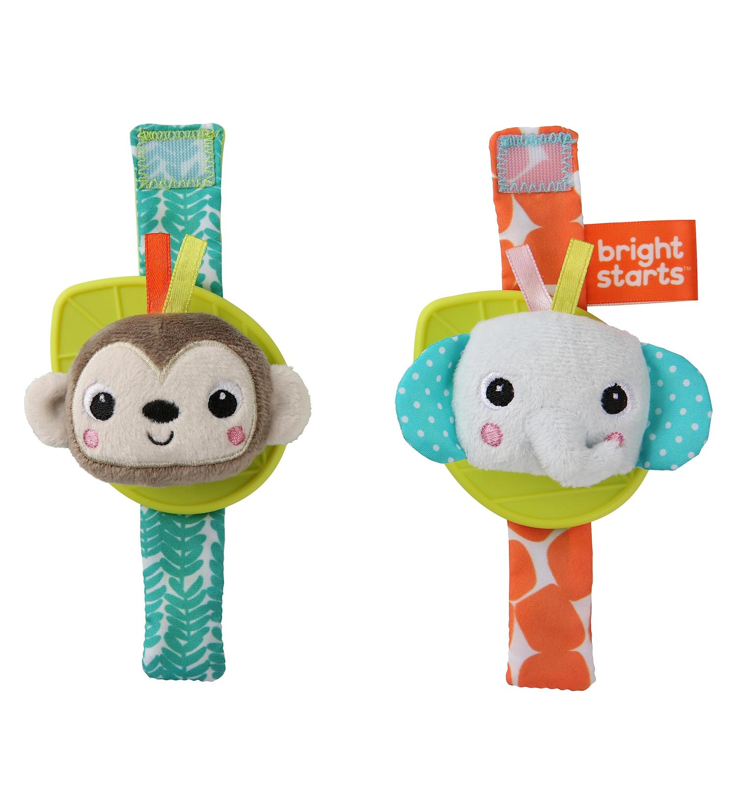 Bright Starts 12092 Rattle & Teething Bracelet - BPA-Free Monkey & Elephant for Babies | Wearable Wrist & Ankle Accessory - Buy Online on GoSupps.com
