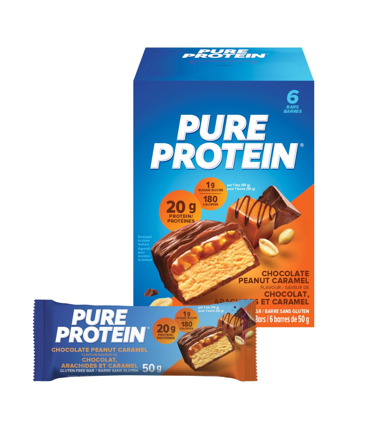 Pure Protein Bars - Nutritious Gluten Free protein bar made with Whey protein blend - low sugar protein snack. Deliciously satisfying. Chocolate Peanut Caramel (Pack of 6) - Buy Online on GoSupps.com