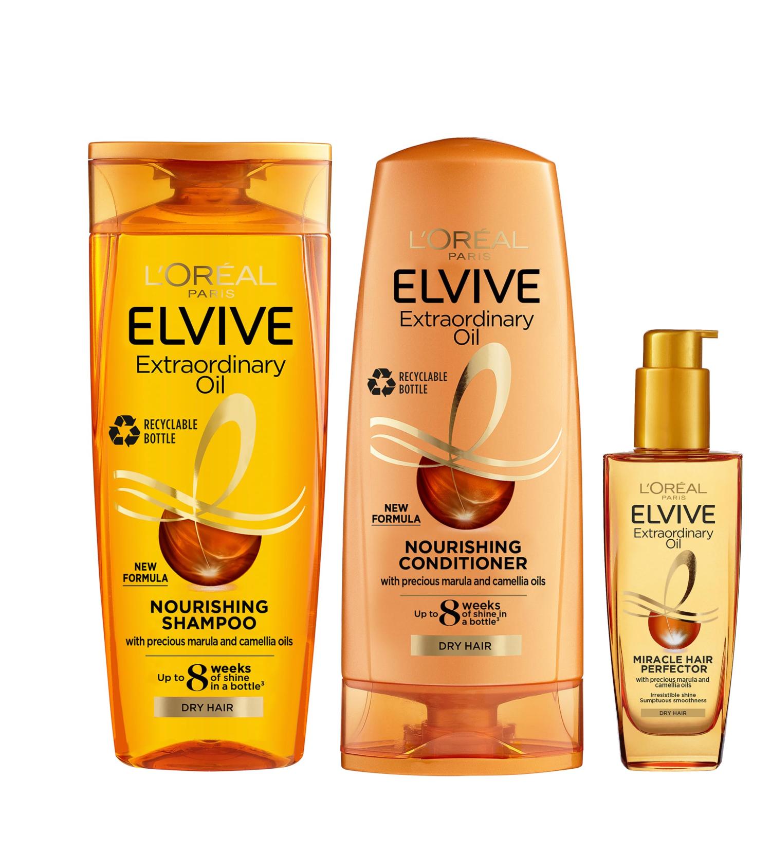 L'Or al Paris Elvive Extraordinary Oil Set for Dry Hair Deep Nourishing Routine Infused With Precious Marula And Camellia Oils Silicone Free Shampoo 400ml Conditioner 300ml Hair Oil 100ml