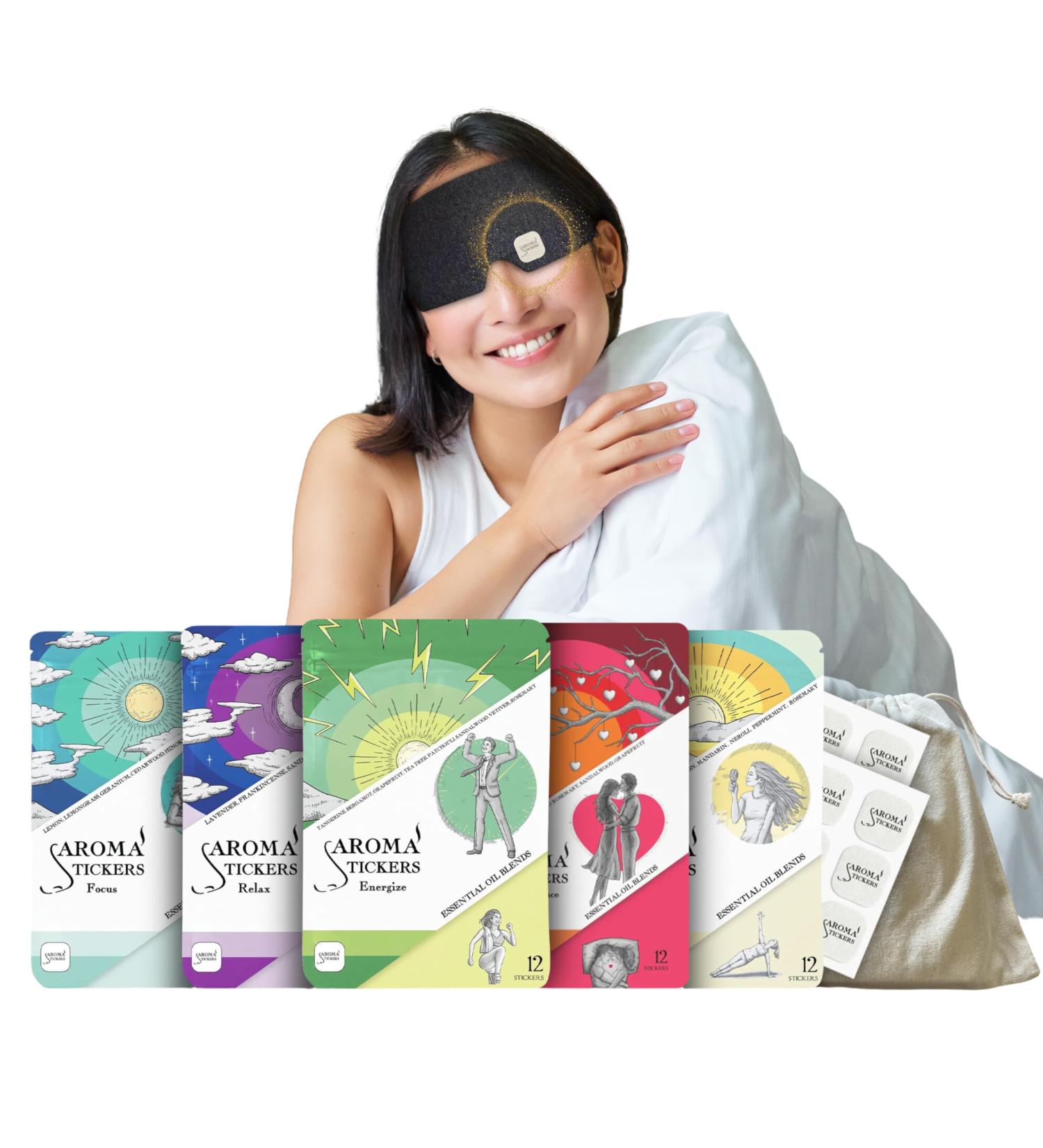 AROMA STICKERS Gift Set - Premium Cotton Eye Mask & 100% Natural Essential Oil Scented Stickers for Relaxation & Sleep - Mess-Free Aromatherapy Diffuser (Pack of 5 x 12 - Buy Online on GoSupps.com