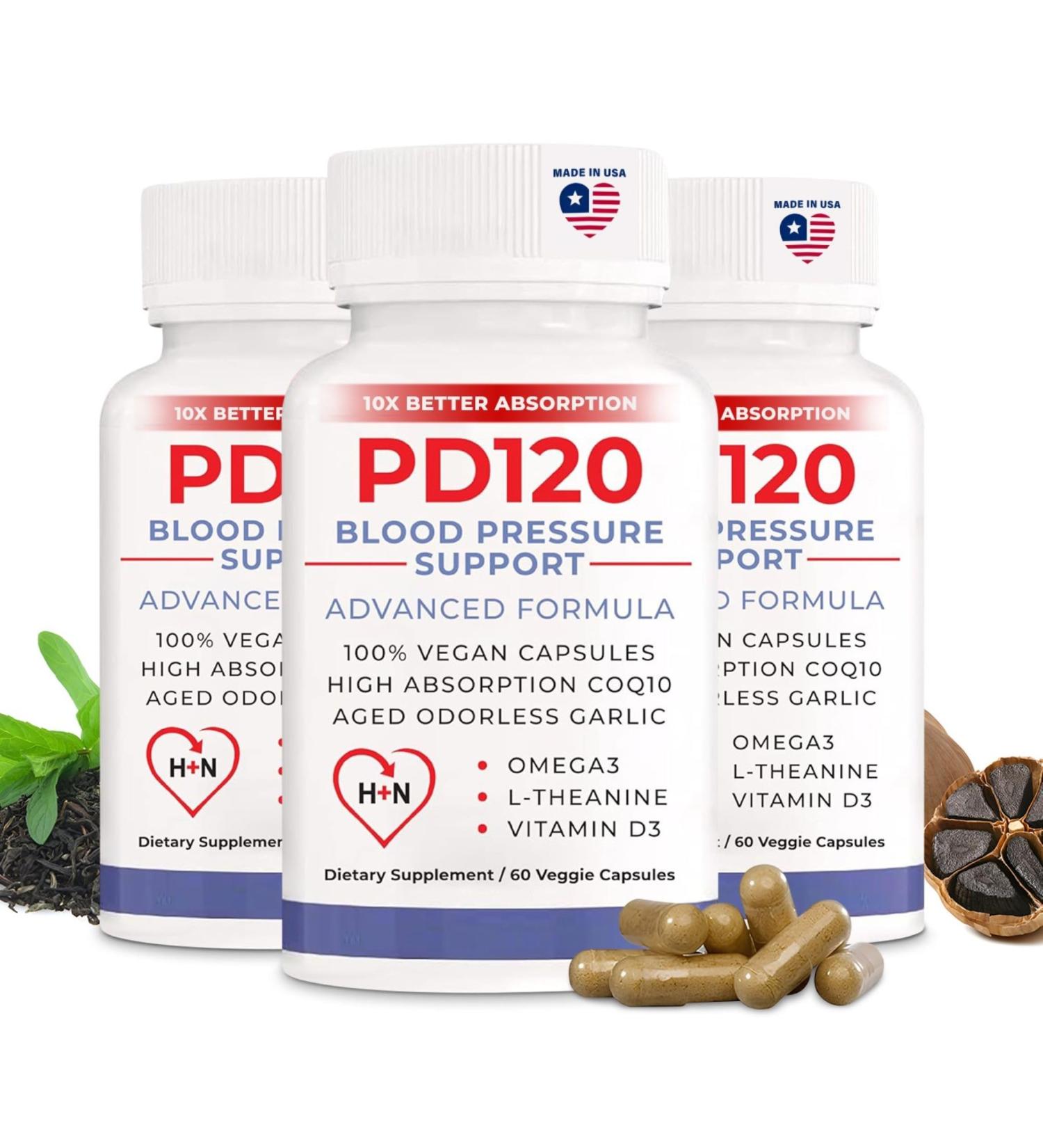 PD120 Blood Pressure Supplement to Help Reduce High Blood Pressure Naturally CoQ10 Nitric Oxide Black Odorless Aged Garlic Omega 3 L-Theanine Vitamin D3 for Blood Pressure Support - Buy Online on GoSupps.com
