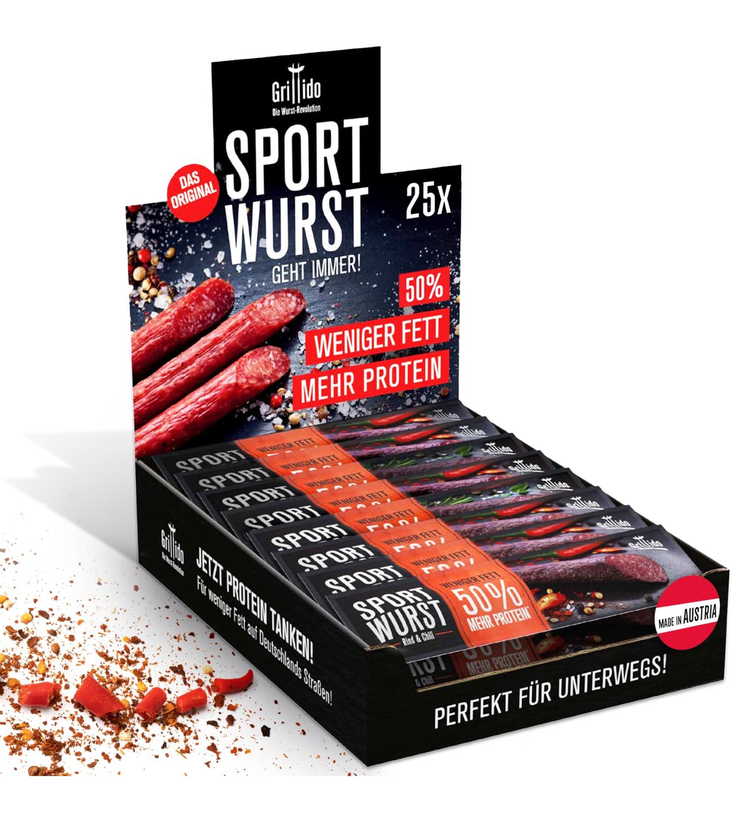 Buy Grillido Sportwurst Rind & Chili 25 Pack | Low-Sugar Beef Jerky Alternative | 39% Protein & 2.96g Fat per Sausage - Healthy Snacking Worldwide - Buy Online on GoSupps.com