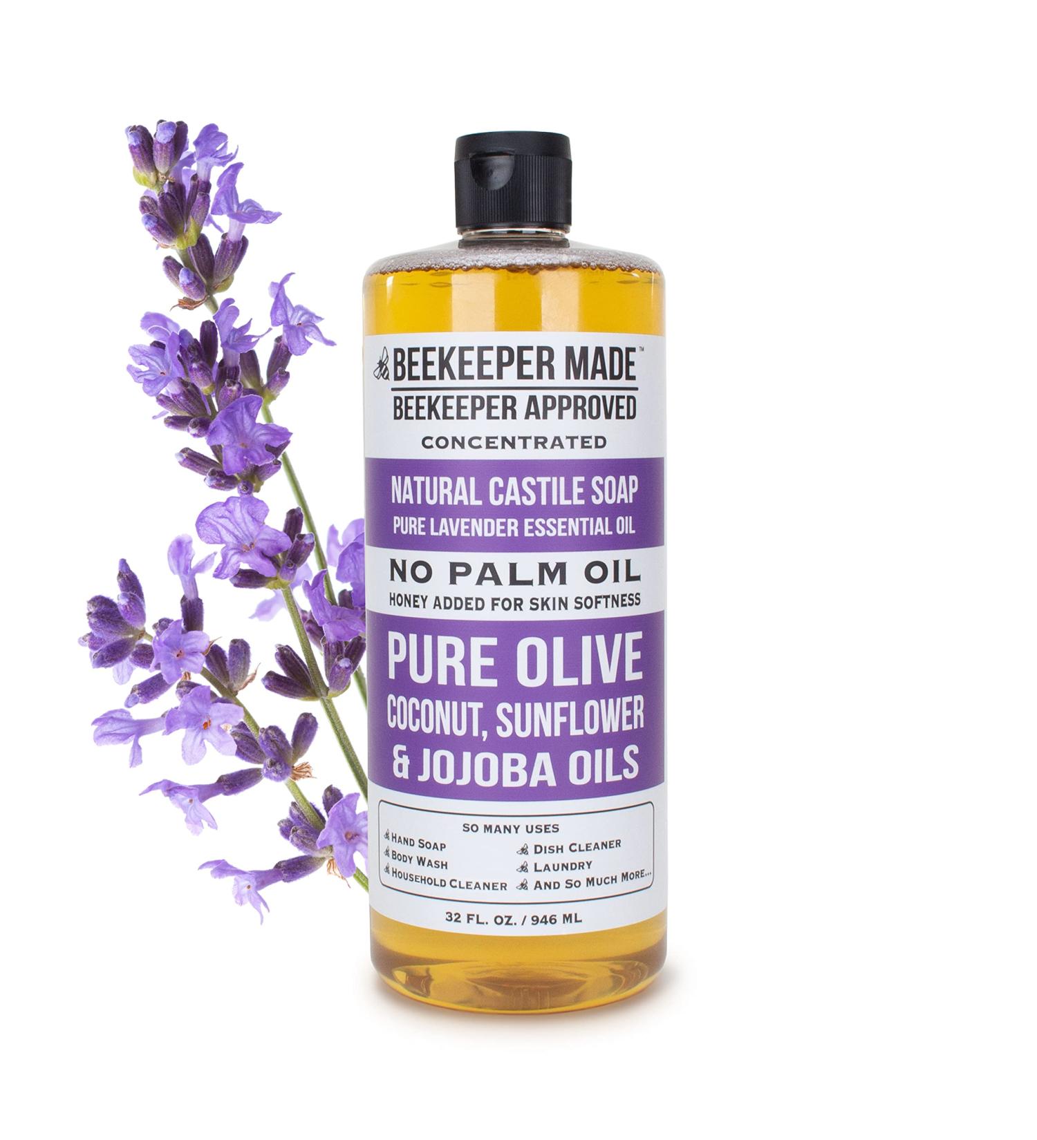 Beekeeper Made Natural Castile Soap | 32 fl oz | Palm Oil Free | 8 Ingredients | Olive, Coconut & Sunflower Oils | GMO Free | For Sensitive Skin | Lavender Scent | Made in USA - Buy Online on GoSupps.com