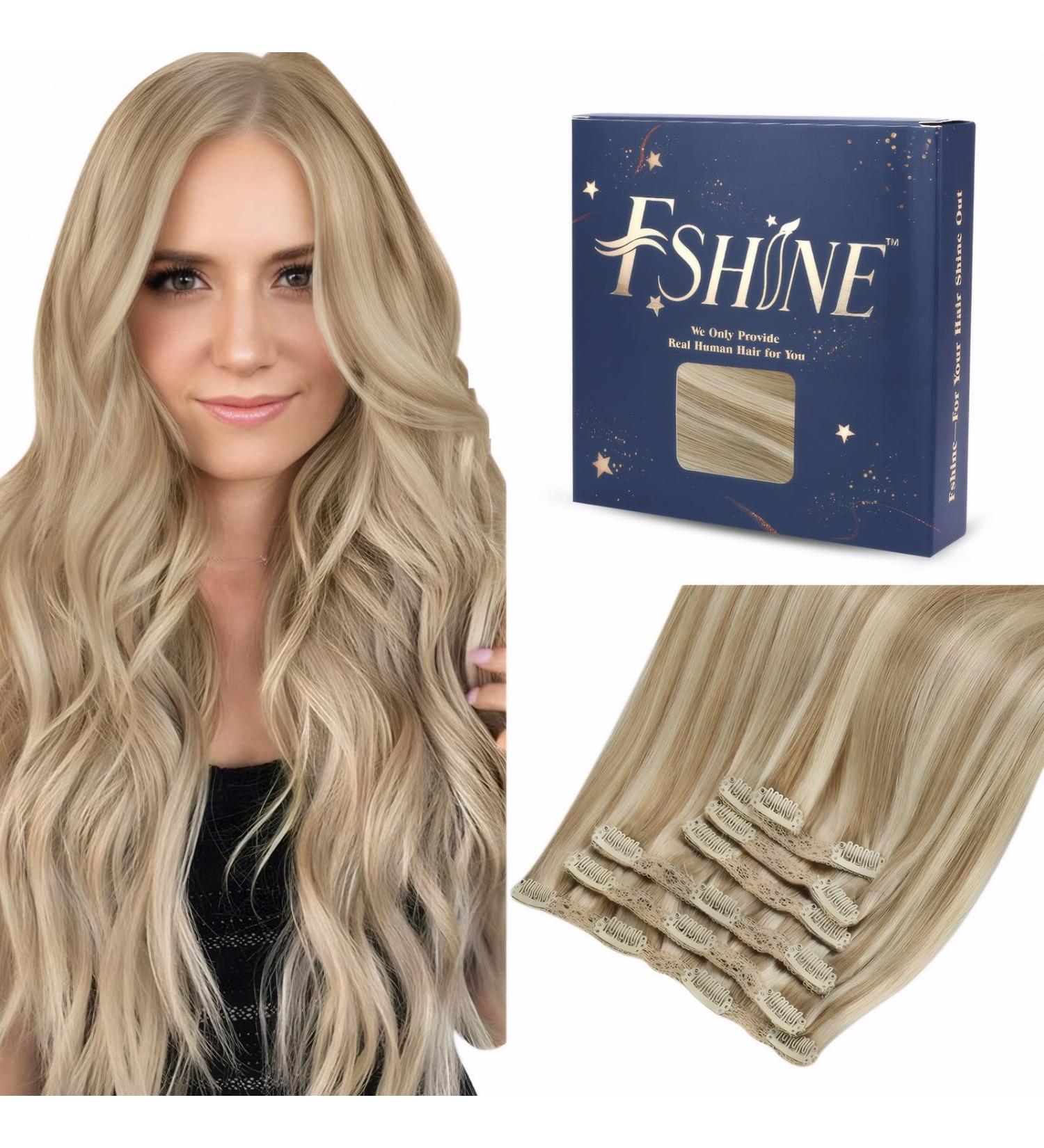 FSHINE Clip-In Hair Extensions | Blonde Highlights | 50g 30cm | Remy Human Hair #16P22 | Dark Ash Blonde & Golden Blonde Mix - Buy Online on GoSupps.com
