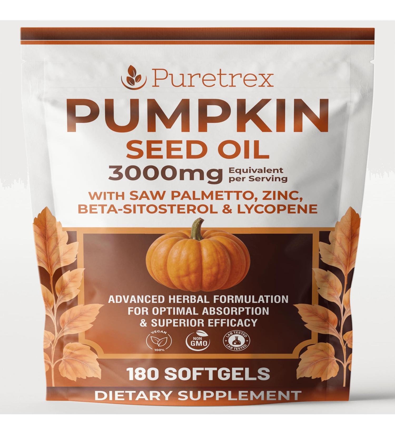PURETREX Pumpkin Seed Oil Complex 3000mg with Saw Palmetto, Beta-Sitosterol, Zinc & Lycopene 180 Vegan Softgels | Prostate, Hair Growth & Hormonal Balance Support | Cold-Pressed, Non-GMO, Lab Tested - Buy Online on GoSupps.com