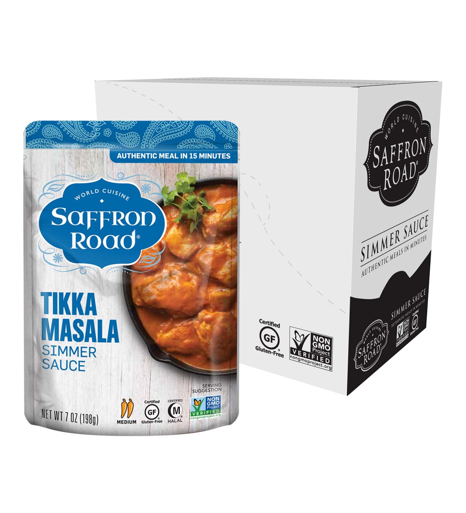 Saffron Road Tikka Masala Simmer Sauce - Non-GMO, Gluten-Free, Halal, Kosher, Vegetarian (7 oz, Pack of 8) - Buy Online on GoSupps.com