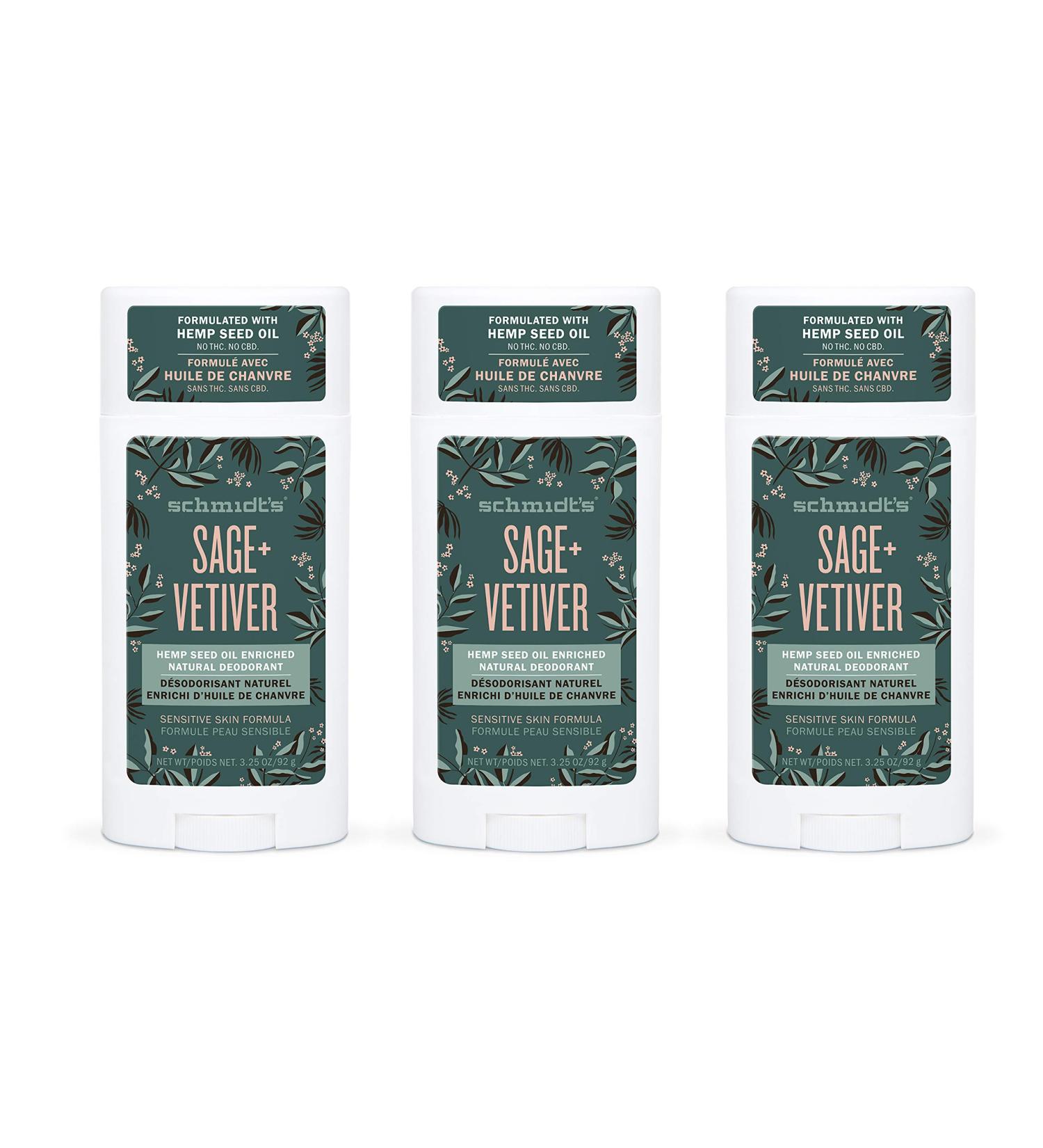 Schmidt's Natural Deodorant 3-Pack - Aluminum-Free, Hemp Seed Oil, Sage + Vetiver - 24 Hour Odor Protection, Vegan & Cruelty-Free - Buy Online on GoSupps.com