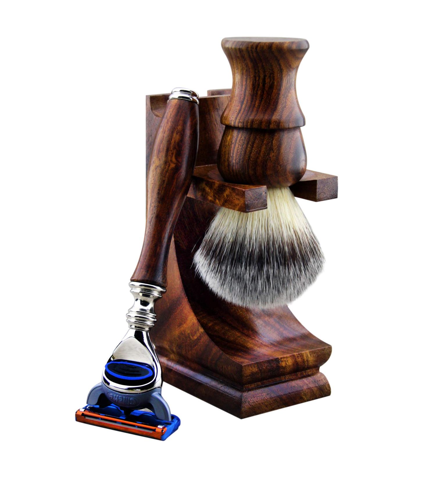Haryali London 3-piece men's wooden shaving set with 5 razor blades synthetic badger hair brush and wooden stand