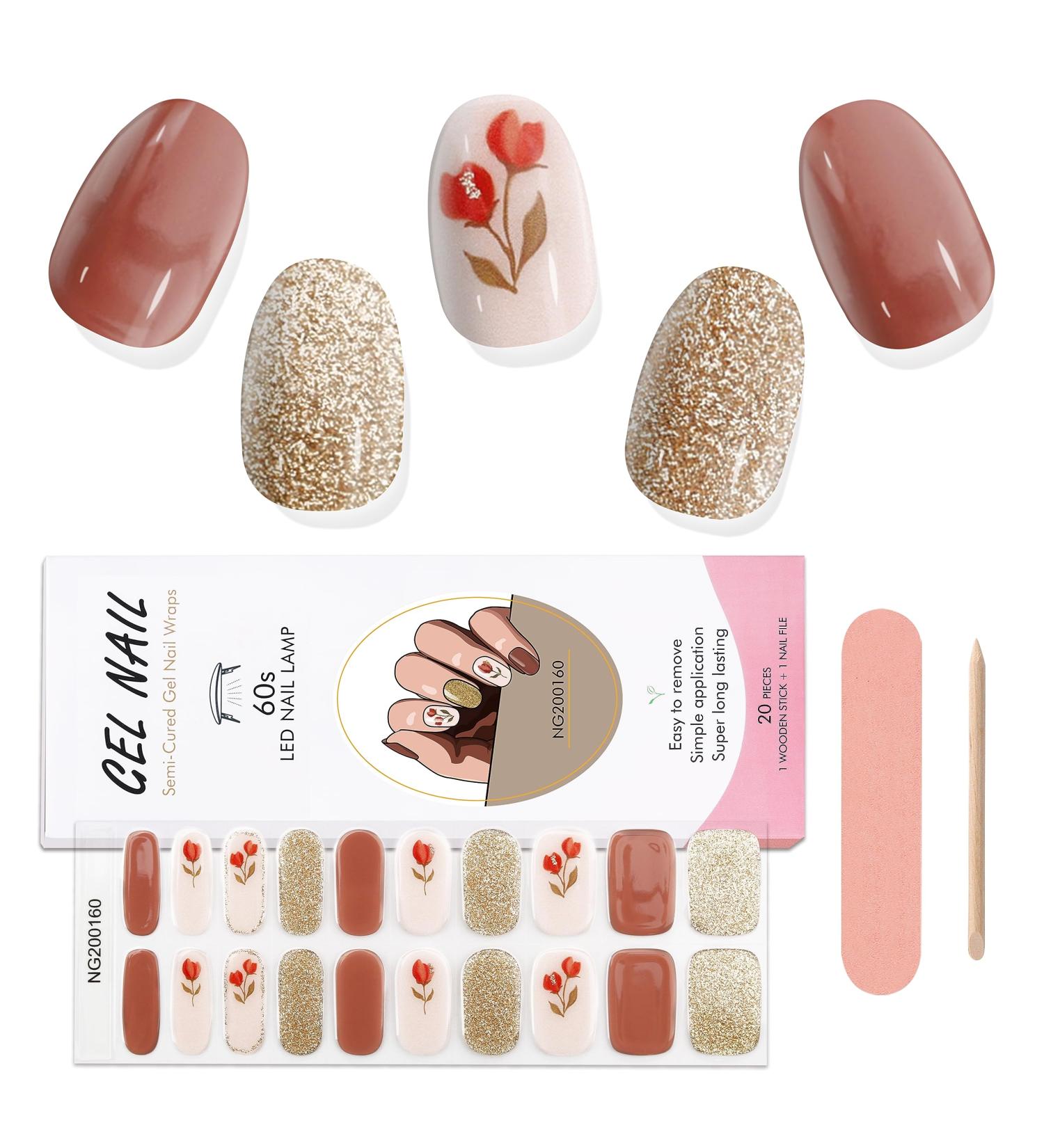 EBANKU 20 PCS Semi Cured Gel Nail Strips Full Wraps | Adhesive Gel Nail Stickers with Nail File | UV/LED Lamp Required - #16 - Buy Online on GoSupps.com