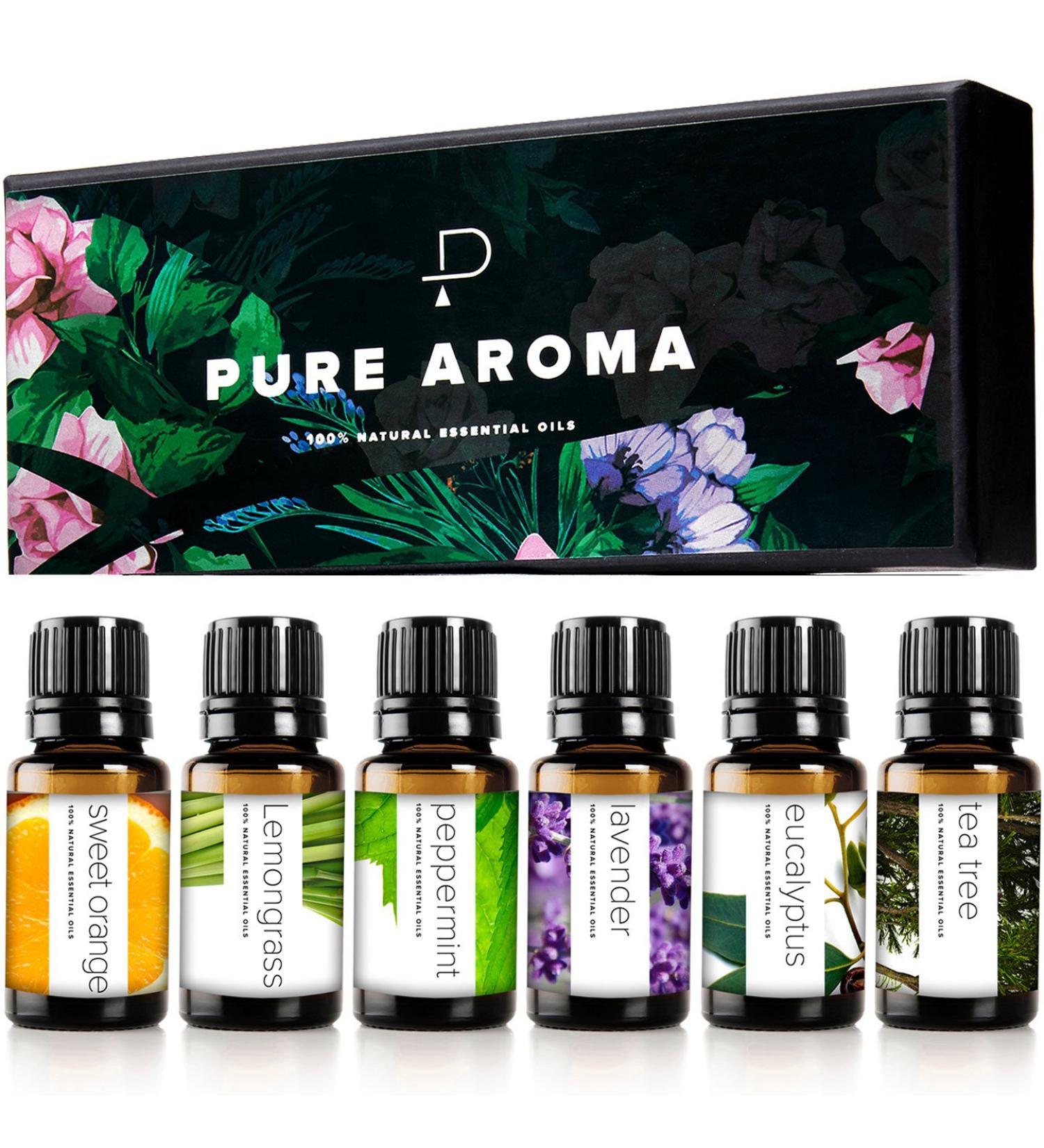 PURE AROMA 100% Pure Essential Oils Kit - Top 6 Aromatherapy Gift Set, 6 Pack 10ML - Eucalyptus, Lavender, Lemon Grass, Orange, Peppermint, Tea Tree - Buy Online on GoSupps.com