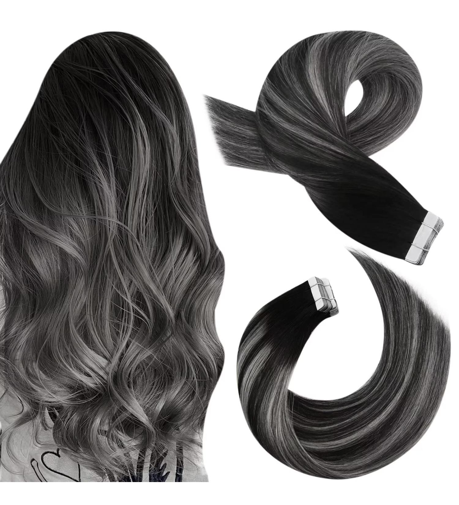 Moresoo Balayage Tape in Hair Extensions 20 Inch Black/Silver Ombre Human Hair - 20 Pieces/50g #1B/Silver/1B - Buy Online on GoSupps.com