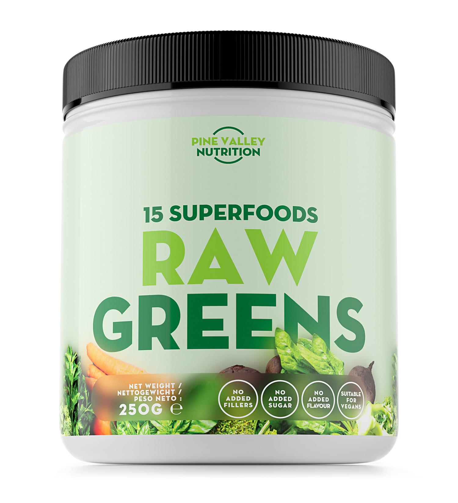 Raw Greens Superfood Powder - 15 Premium Vegan Superfoods & Vegetables Green Tea Spirulina Ginger Root & Pea Protein - 250g (50 Portions) - Buy Online on GoSupps.com