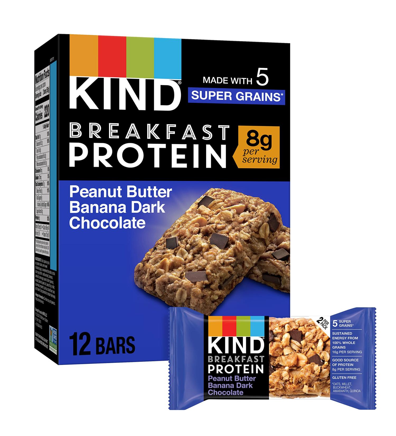 KIND Breakfast Snack Bar - Peanut Butter Banana Dark Chocolate - Gluten Free, 8g Protein - 1.76oz (6 Pack) - Buy Online on GoSupps.com