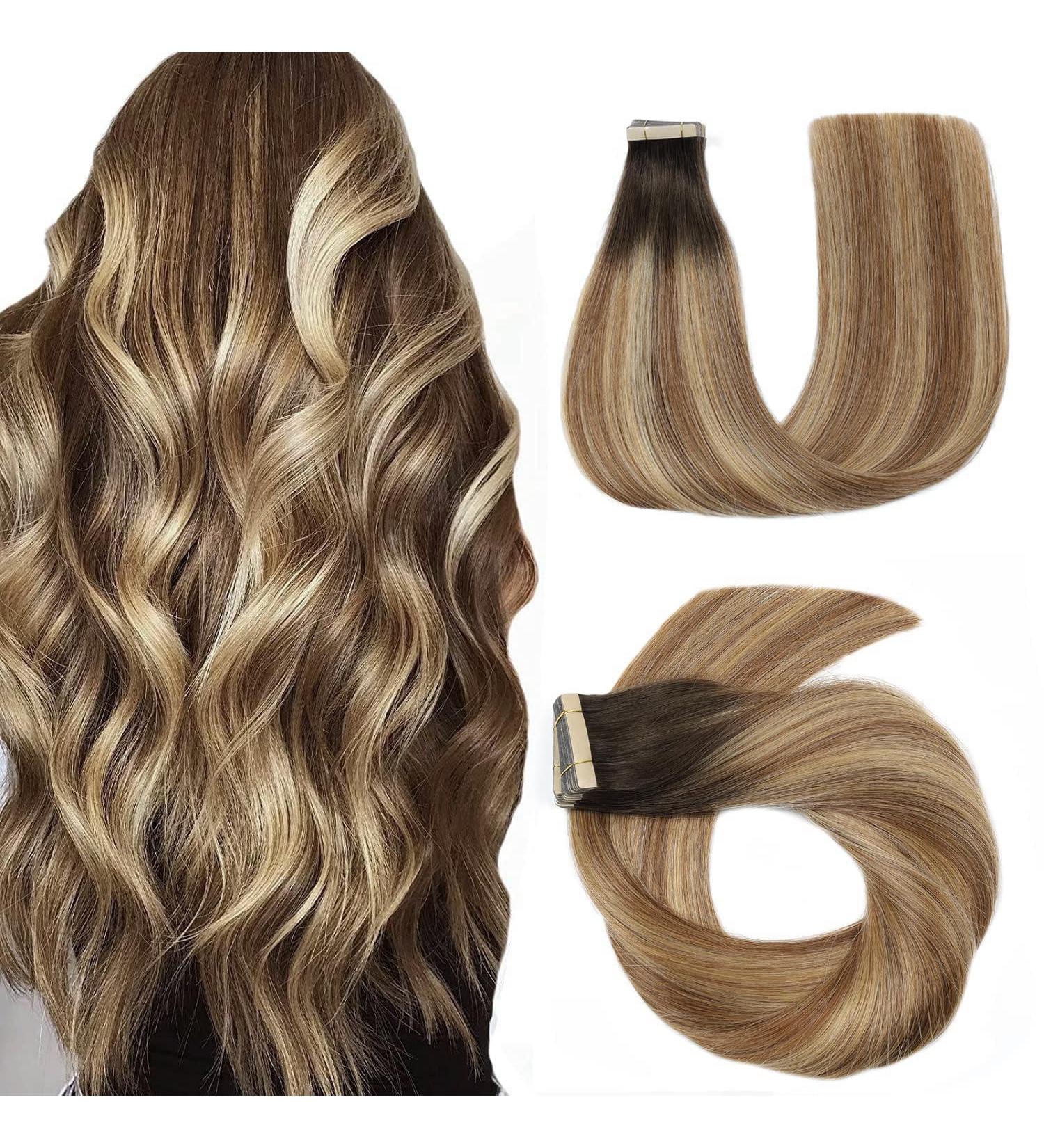 Hotlulana Tape In Extensions - Real Hair 22 Chestnut Brown to Light Brown Mix Light Blonde (#2/6/18) - 100% Natural Skin Weft - 20 Pieces - 50g - Buy Online on GoSupps.com