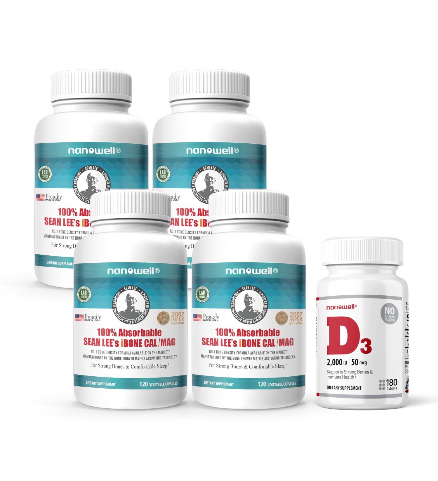 NANOWELL Sean Lee's iBone Cal Mag 120 Vegetable Capsules X 4 Bottles + 1 Bottle of Vitamin D3 - Bone Health Calcium and Immune Support Supplement - Buy Online on GoSupps.com