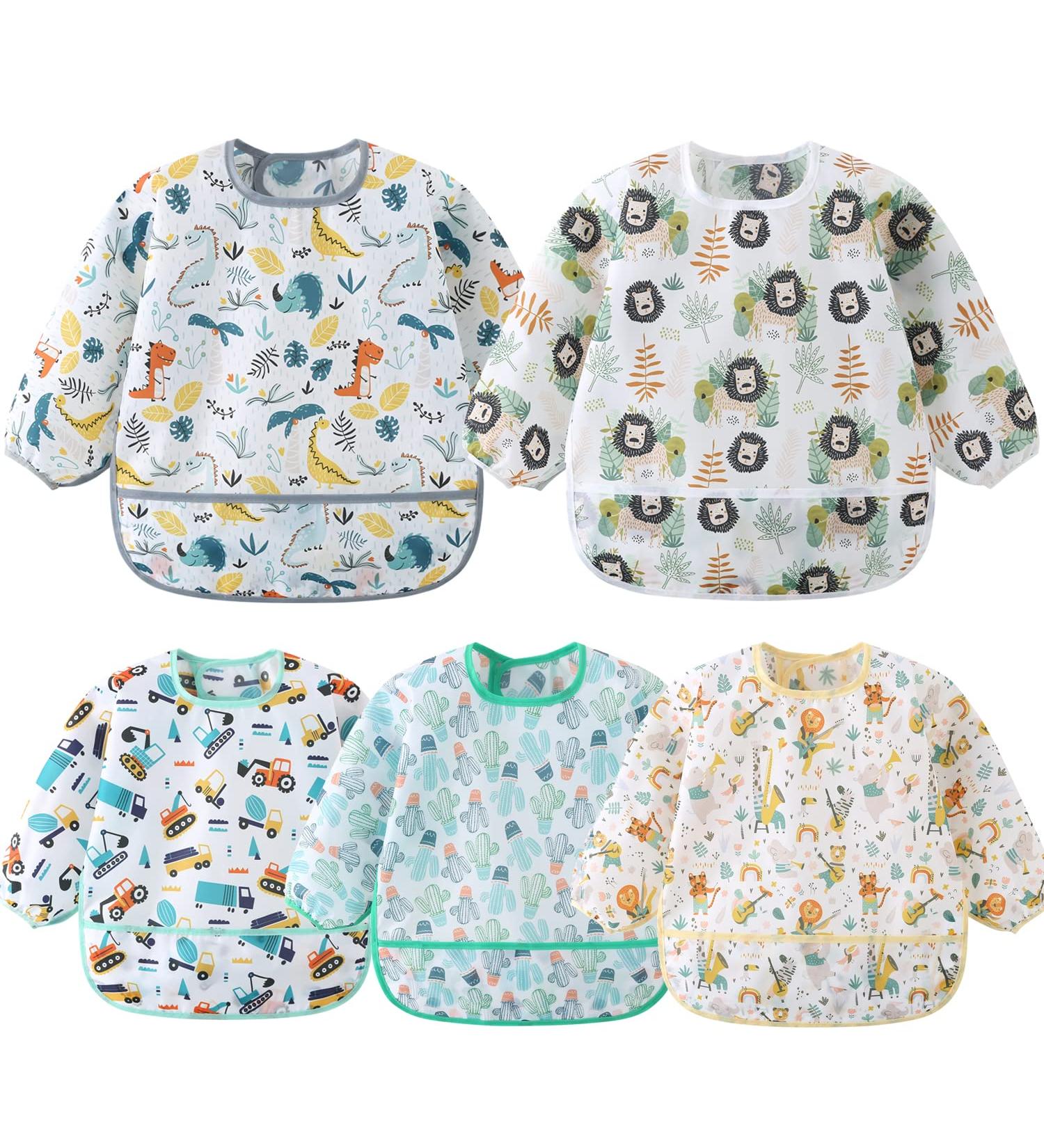 Yealoo 5 Pack Waterproof Baby Bibs with Sleeves | Washable Sleeved Bibs for 6-30 Months - Excavator Dino Lion Cactus & Concert Designs - Buy Online on GoSupps.com