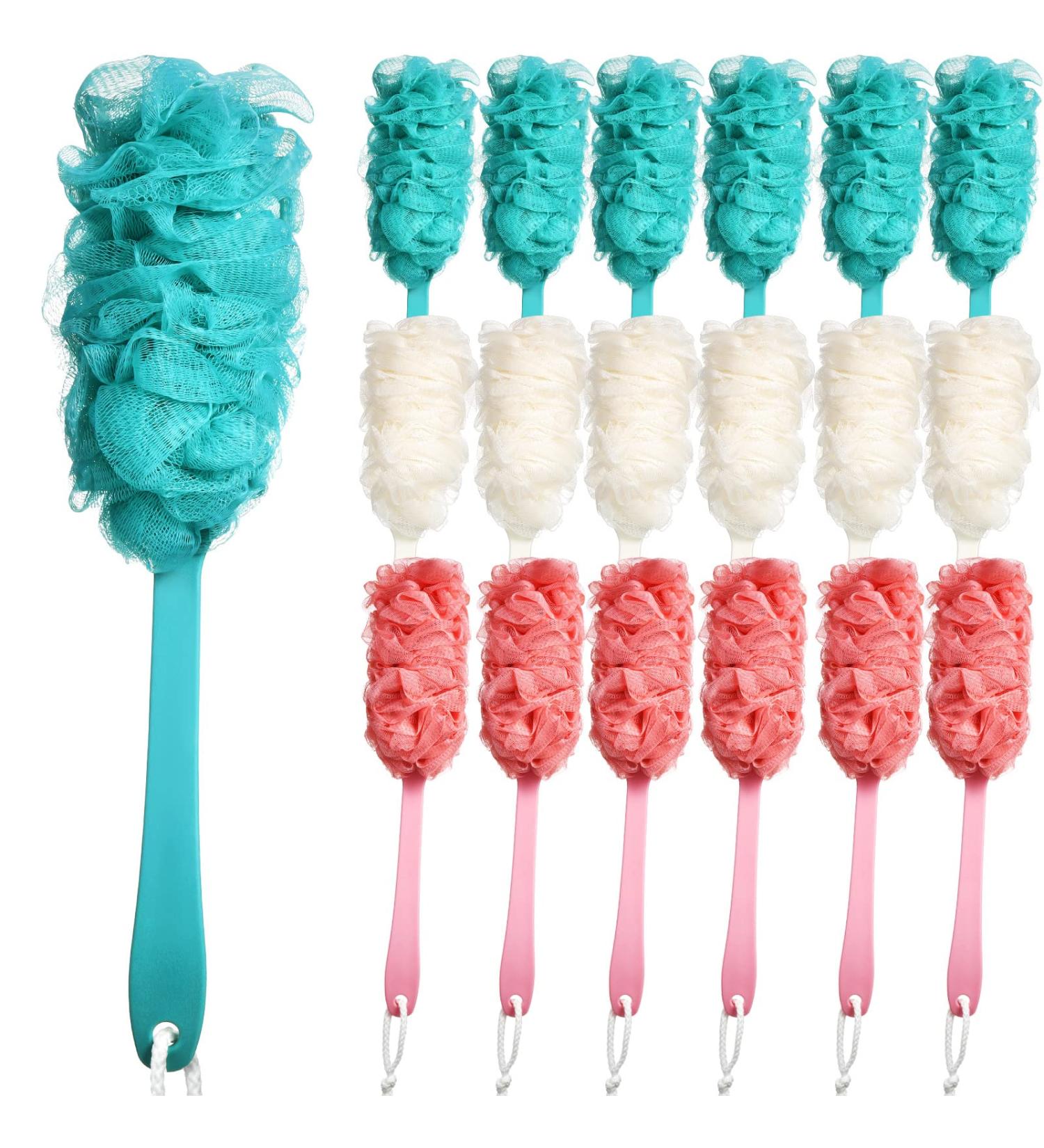 18 Pack Long Handled Loofah Body Scrubber for Shower - Men, Women, Elderly - Nylon Mesh Bath Sponge - Multicolor - Buy Online on GoSupps.com