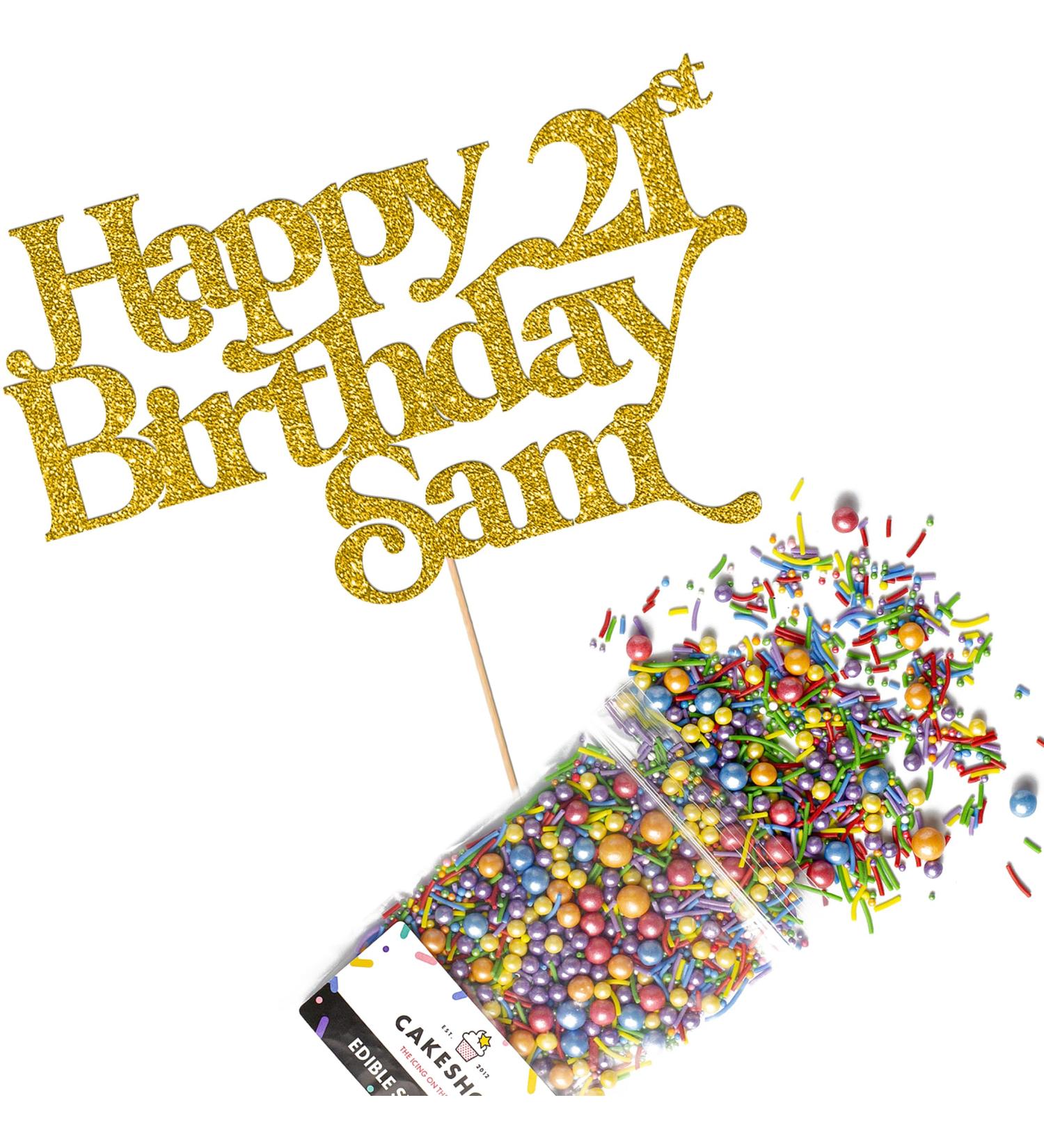 Cakeshop Cake Decoration Pack | Happy Birthday Premium Double Sided Glitter Card Cake Topper Sign & 25g Party Pack of Cake Sugar Sprinkles | Custom Name & Age Cake Decorations (Gold) Non-Prime Glitter Card: Gold - Buy Online on GoSupps.com