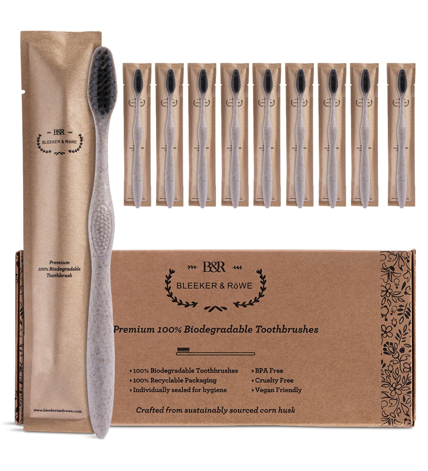 Bleeker and Rowe Biodegradable Eco-Friendly Toothbrushes - BPA Free Soft Bristles - Sustainable & Recycled Packaging - Pack of 10 - Buy Online on GoSupps.com