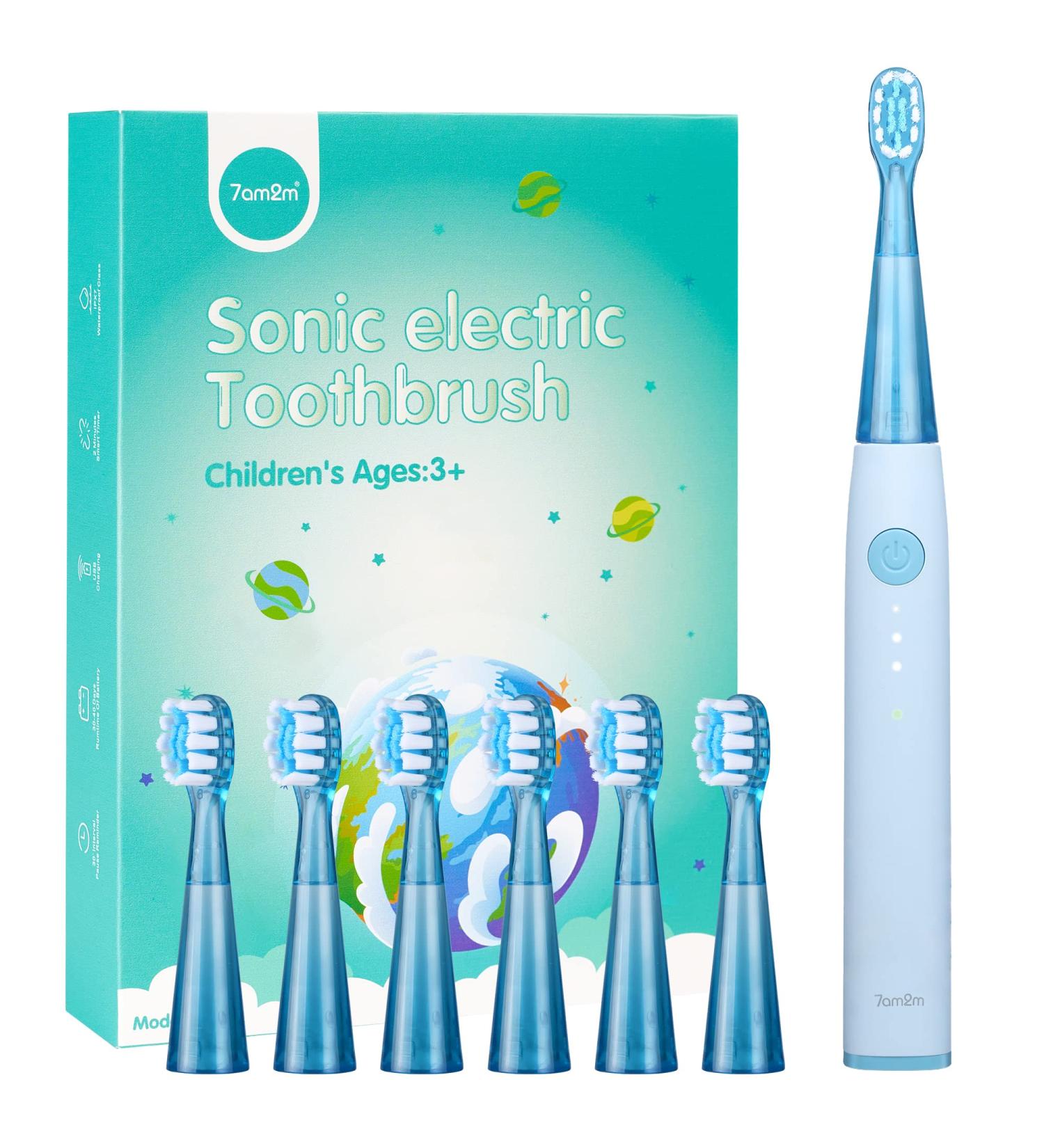 7AM2M Sonic Electric Toothbrush for Adults and Kids - 6 Brush Heads, 6 Modes, Smart Timer - Fast Rechargeable Toothbrush (Blue) - Buy Online on GoSupps.com