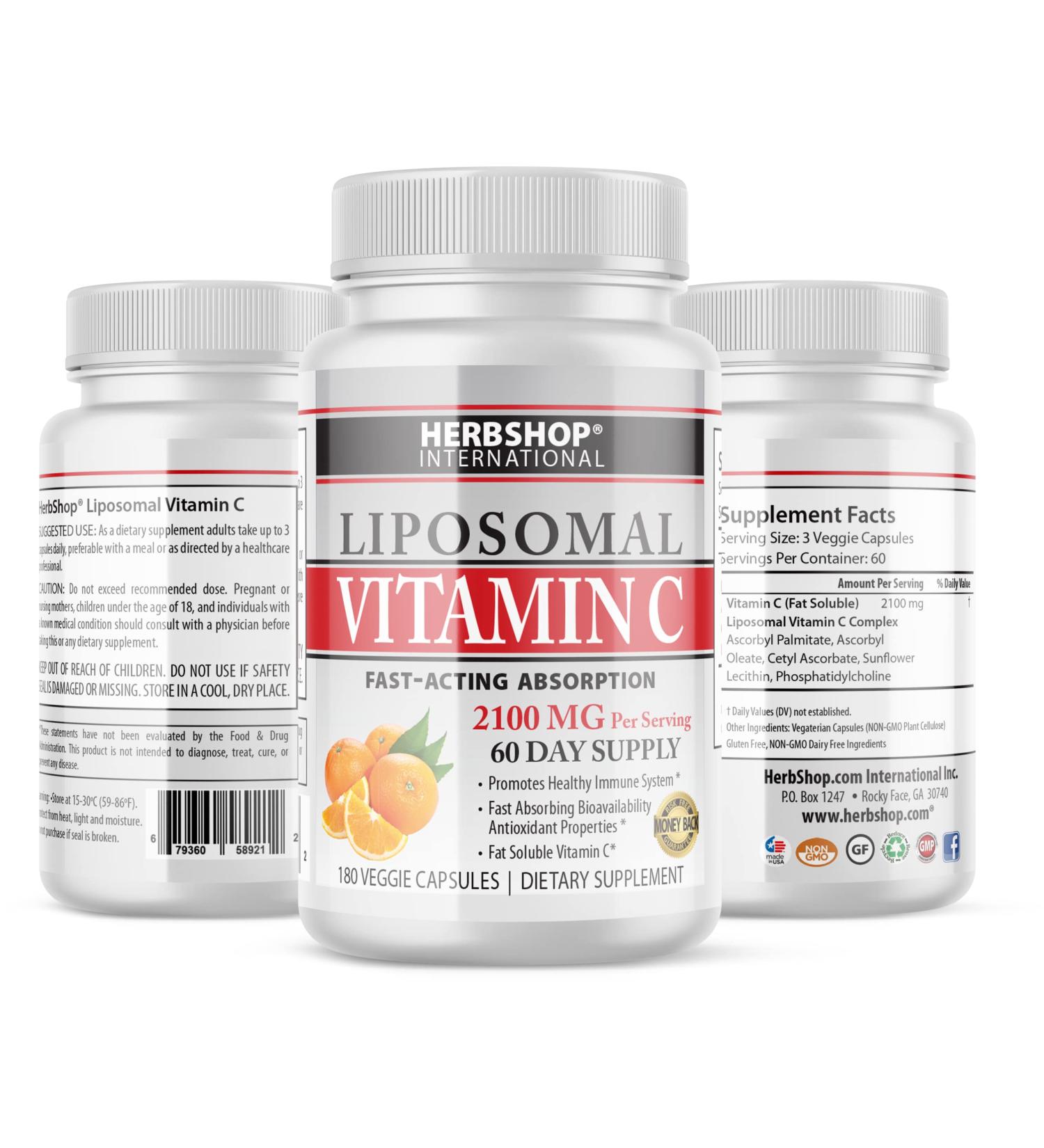 Liposomal Vitamin C 2100mg 180 Veggie Capsules | Fast Absorption, Non-GMO Antioxidant Immune Support - HerbShop - Buy Online on GoSupps.com