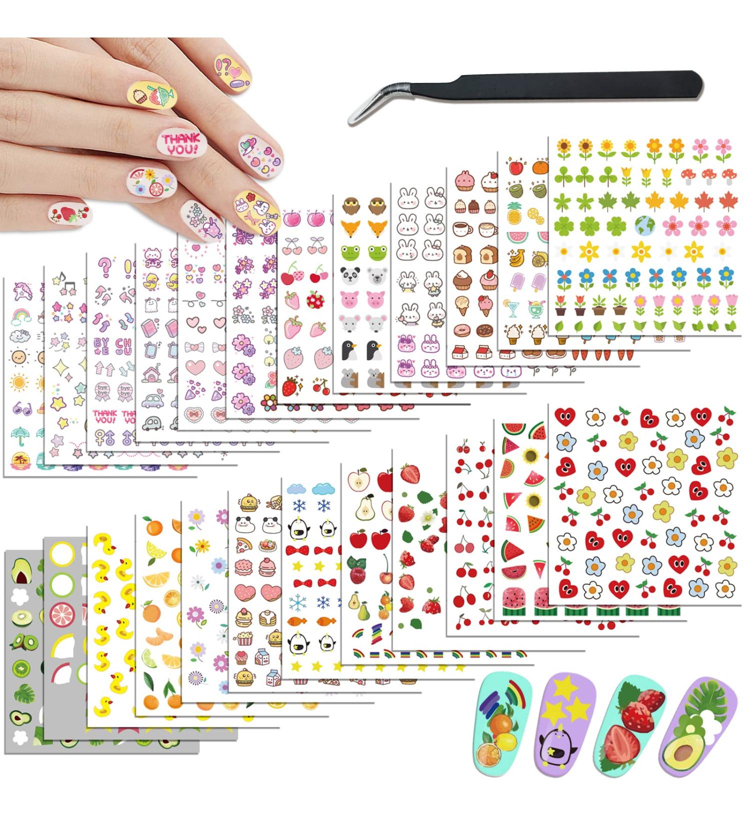Cute Nail Stickers for Kids, Girls & Women - Bunny, Duck, Bow, Cake, Flower, Strawberry, Cherry, Watermelon, Lemon - 24 Sheets with Tweezers - Buy Online on GoSupps.com