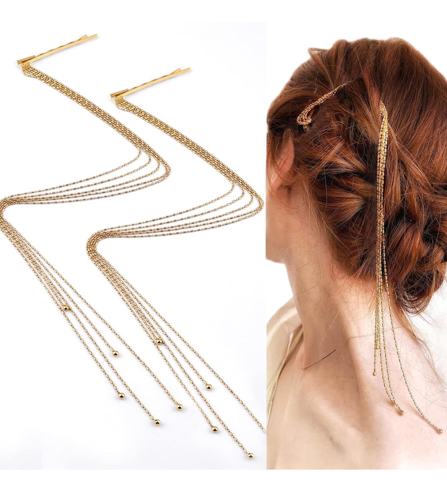 Gold Beaded Hair Chain 2Pcs Set with Bobby Pin - Multistrand Extension Hair Accessories for Women/Girls - Buy Online on GoSupps.com