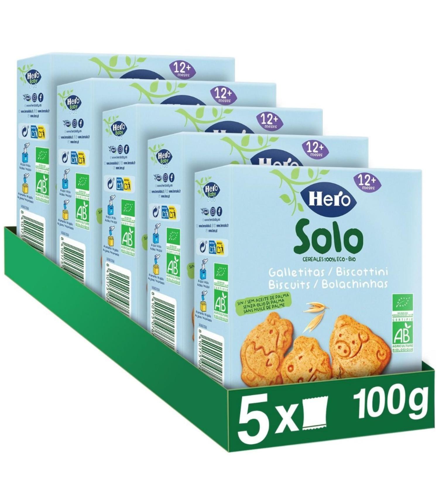 Hero Solo BIO - Animal Biscuits Snack for Babies from 12 Months - 100% Organic and Natural Palm Oil Free - Pack of 5 x 100 g - Buy Online on GoSupps.com