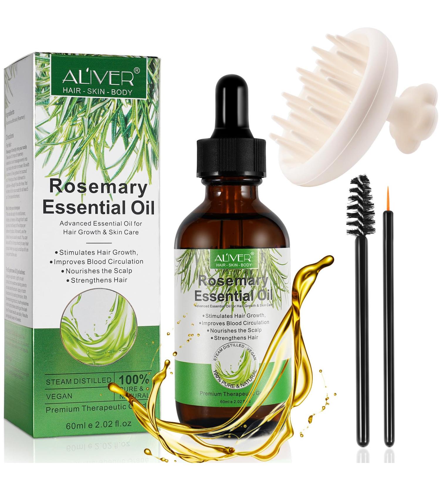 Rosemary Oil for Hair Growth & Silicone Massage Brush - 100% Pure 60ml | Combats Hair Loss for Men & Women - Buy Online on GoSupps.com
