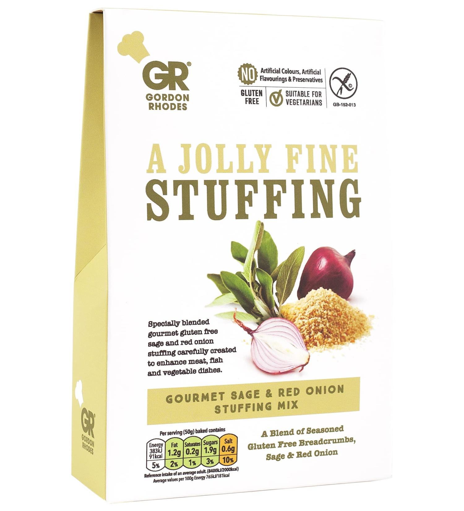 Gordon Rhodes' Gourmet Sage and Red Onion Stuffing Mix is gluten free and easy to prepare to enhance meat fish and vegetable dishes. Vegan approved(1 x 125gm) Sage & Red Onion Stuffing Mix